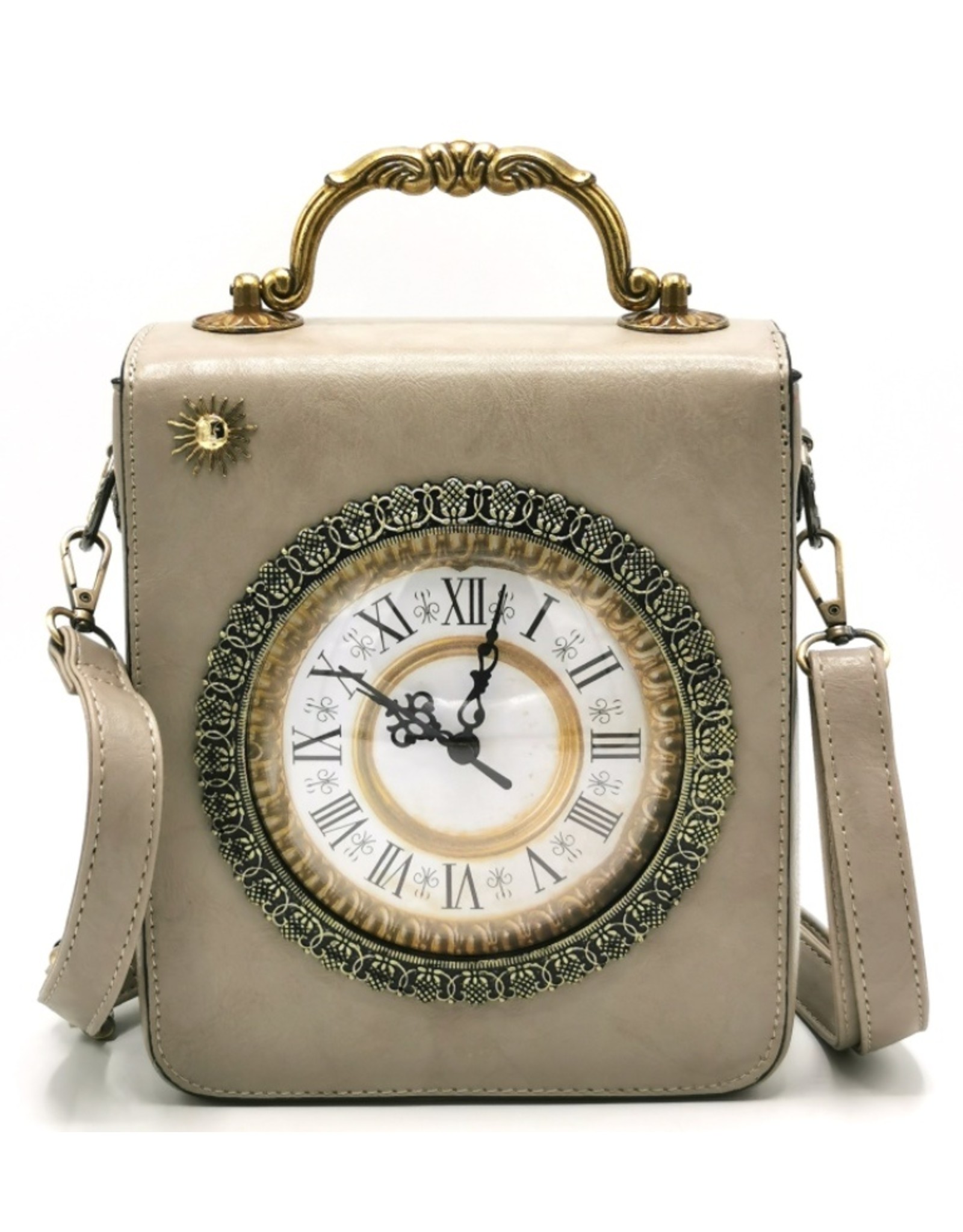Magic Bags Retro tassen Vintage tassen - Klok Tas  met Werkende Klok en Borduurwerk grijs