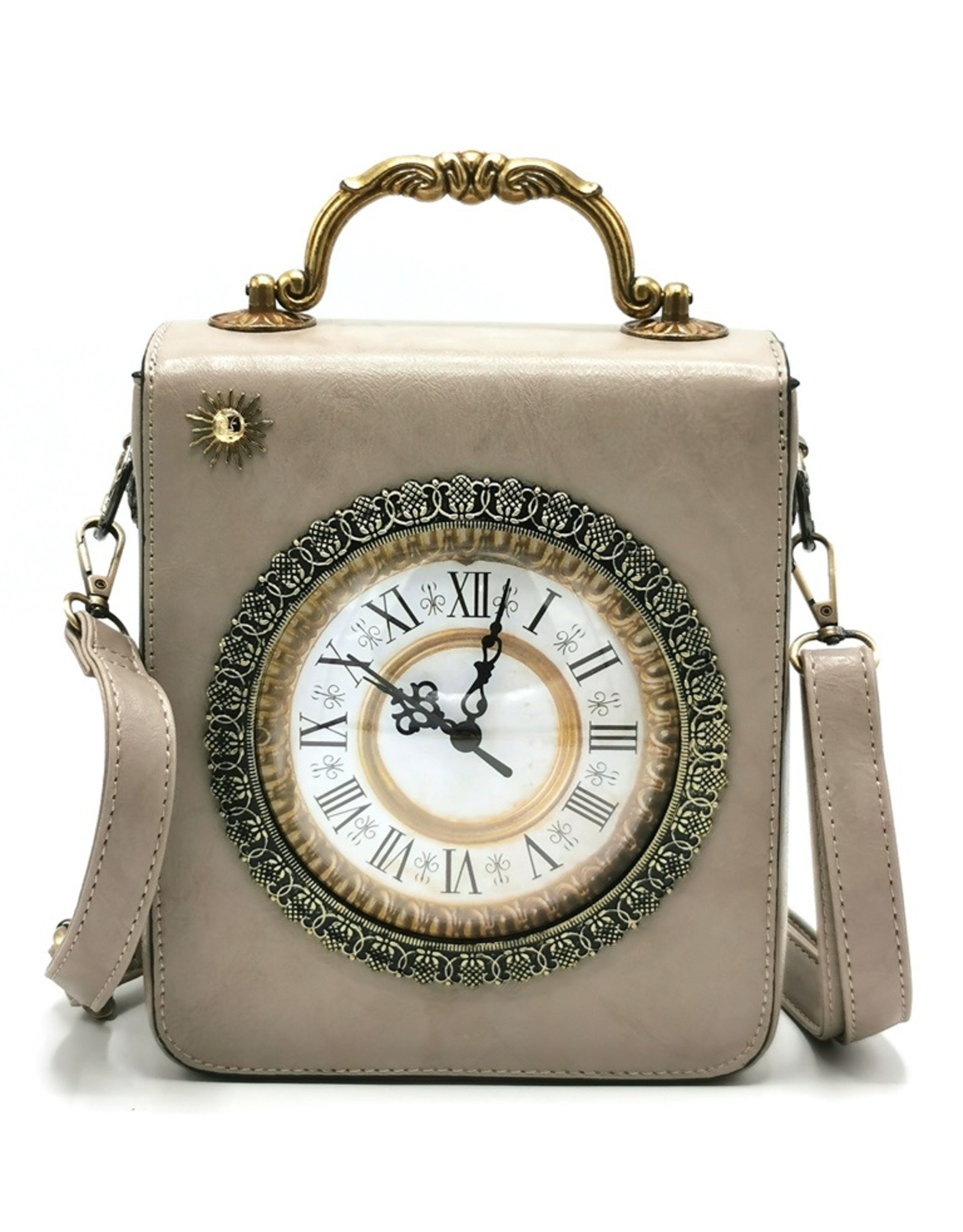 Magic Bags Retro tassen Vintage tassen - Klok Tas  met Werkende Klok en Borduurwerk grijs