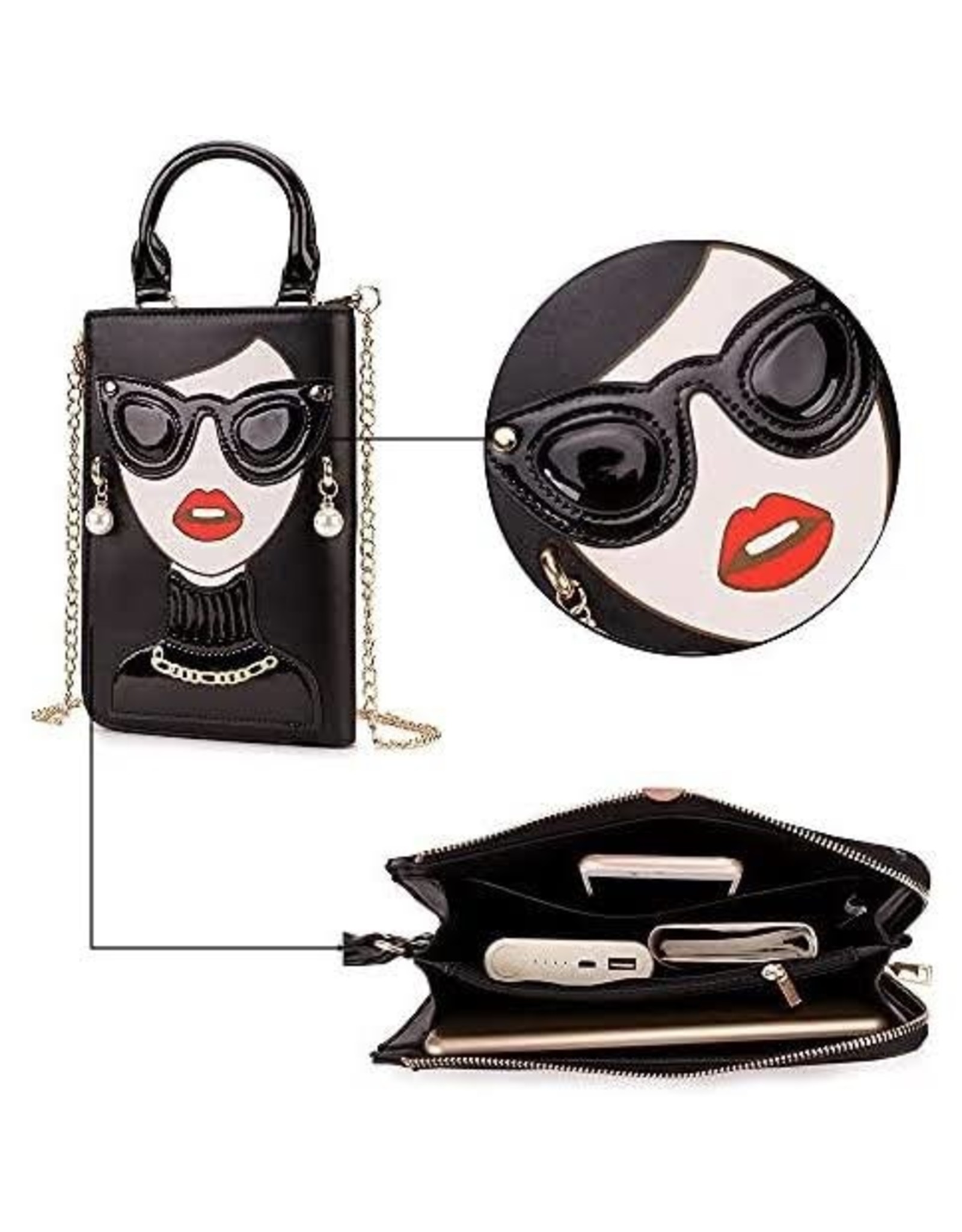 Magic Bags Fantasy bags -  Fantasy clutch Ladies Face with earrings and sunglasses (black)