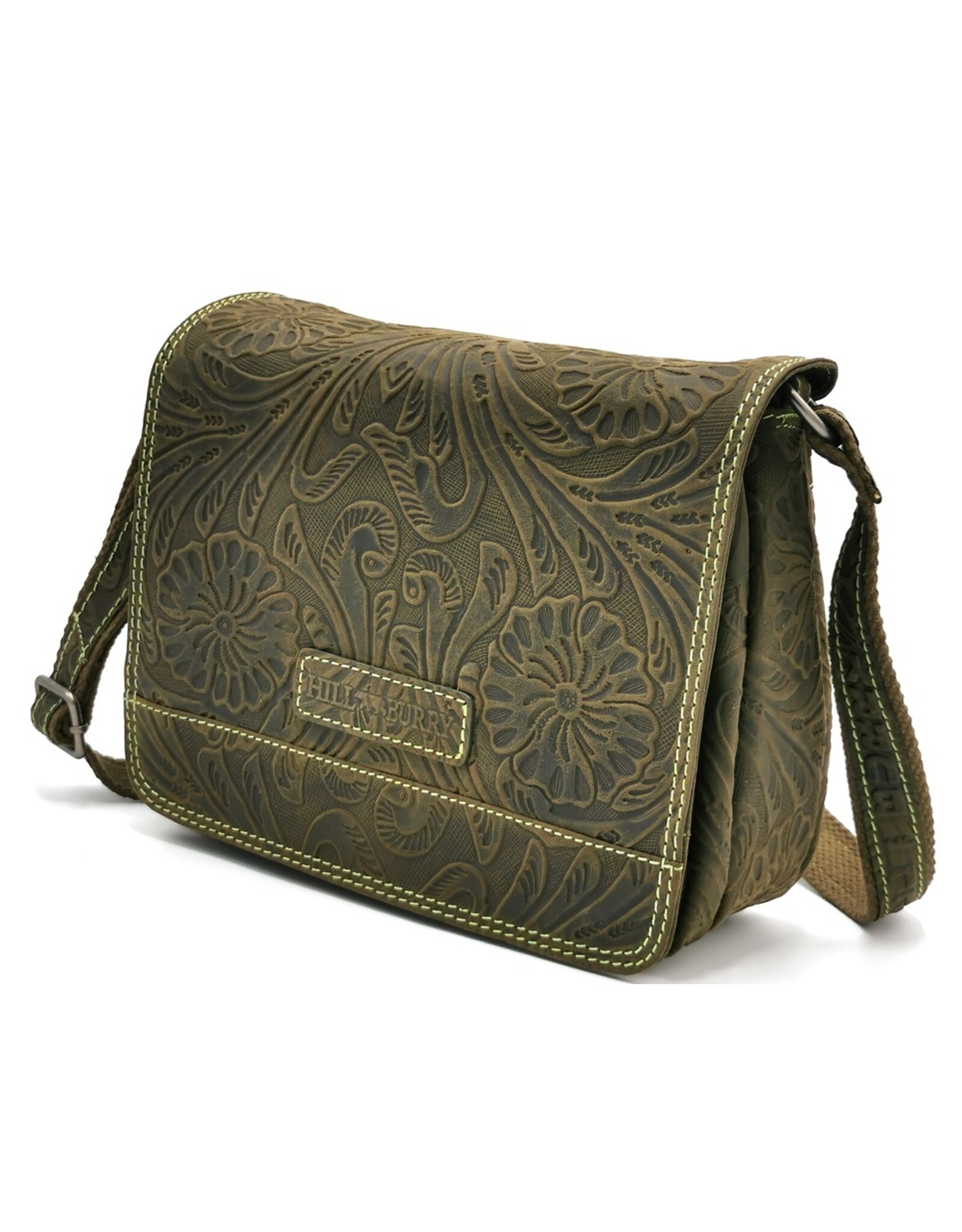 HillBurry Leather bags - Hillburry Shoulder bag with Embossed Flowers green