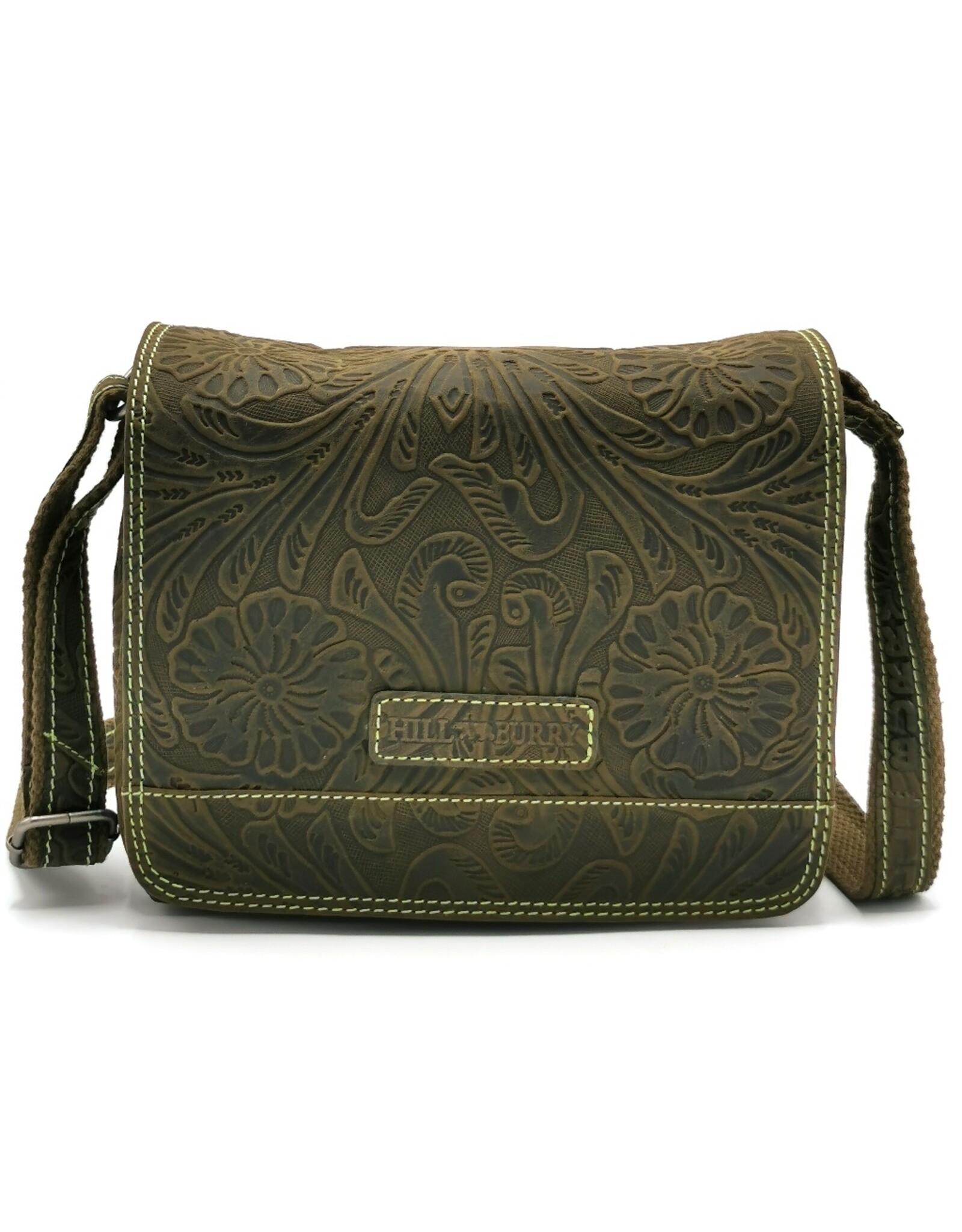 HillBurry Leather bags - Hillburry Shoulder bag with Embossed Flowers green