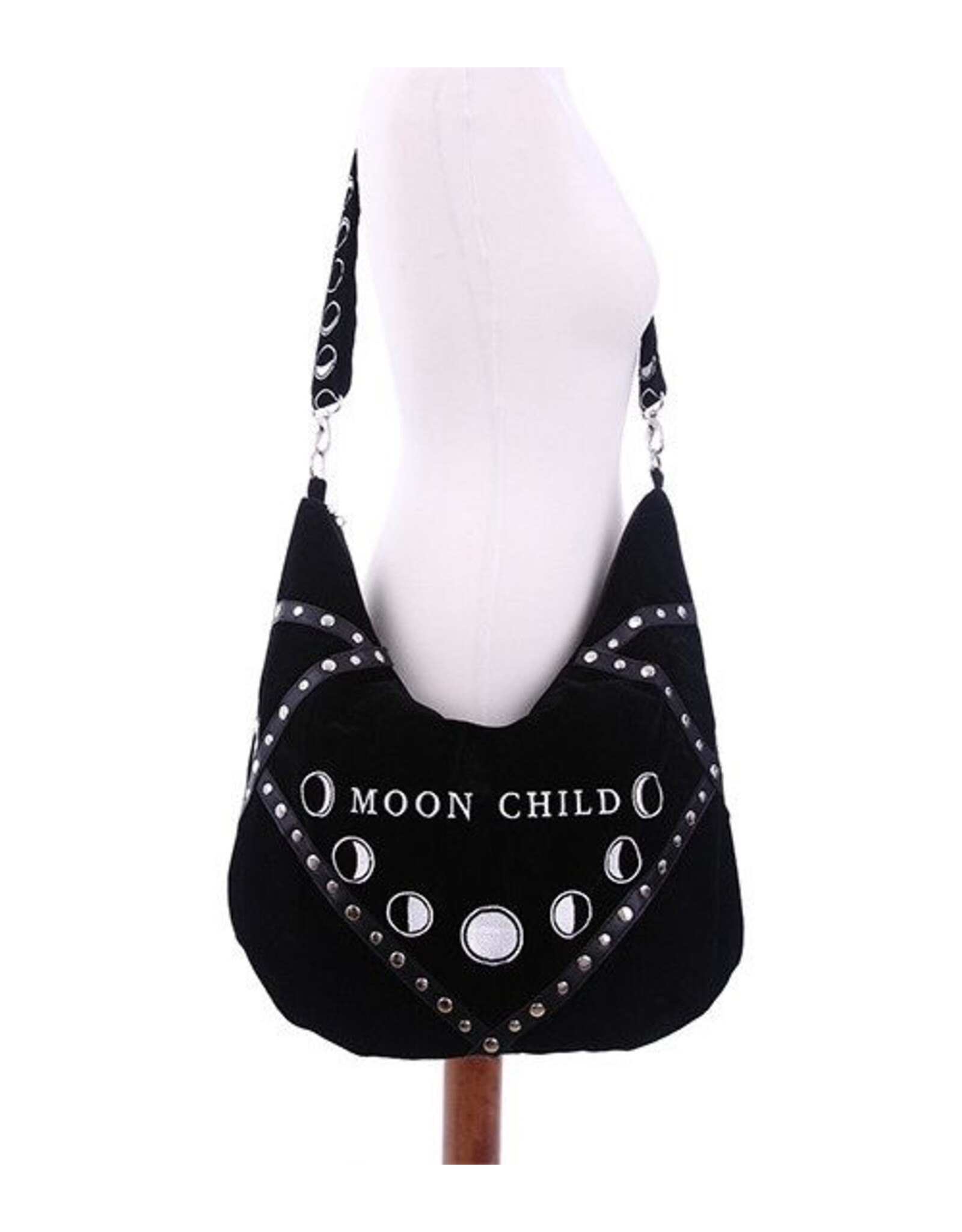 Restyle Gothic tassen Steampunk tassen - Moon Child Fluwelen Zwarte Hobotas met Geborduurde Maanfasen