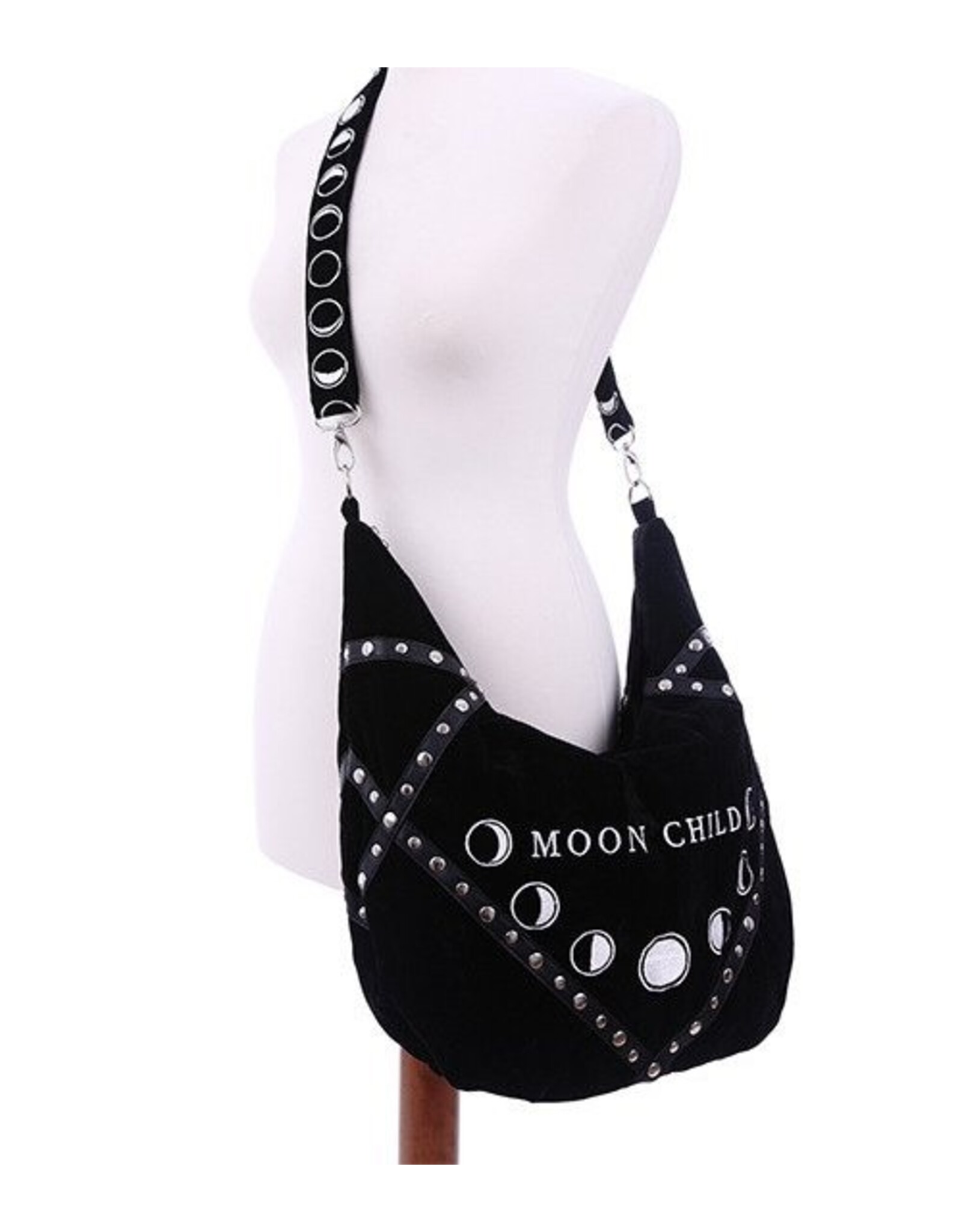 Restyle Gothic bags Steampunk bags - Moon Child Black Velvet Hobo bag with  Moon Phases Embroidery