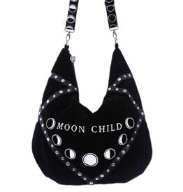 Restyle Moon Child Fluwelen Zwarte Hobotas met Geborduurde Maanfasen