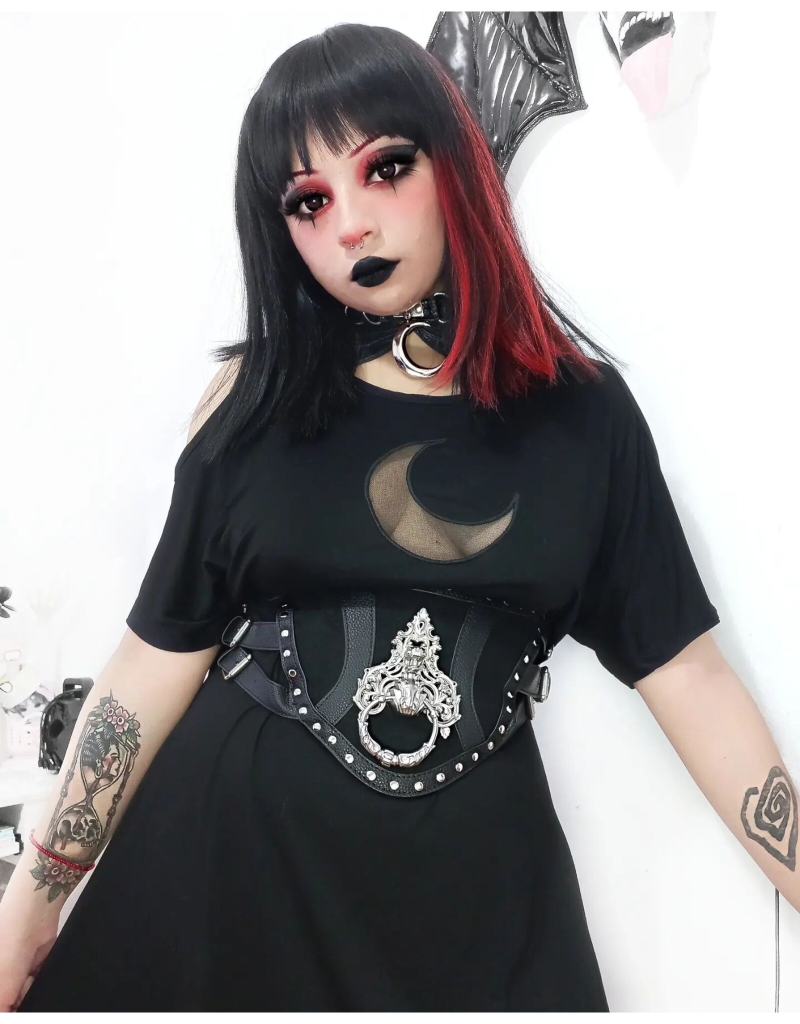 Restyle Gothic accessories -   Gothic BAT COLLAR collar with metal Moon and D-rings Restyle