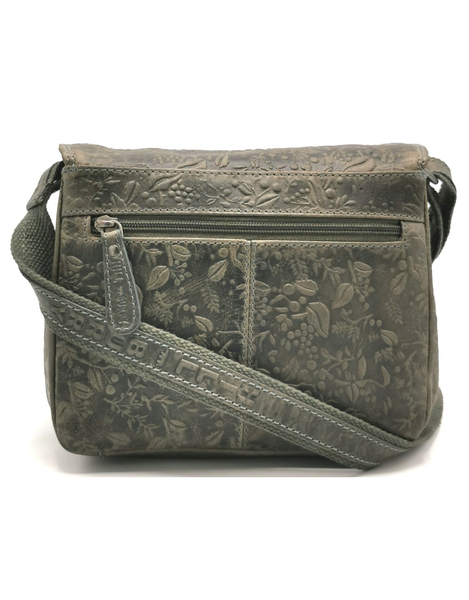 HillBurry Leren schoudertassen crossbody tassen - Hillburry Schoudertas met Bladeren Reliëf grijs/groen