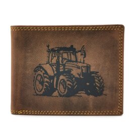 Hunters Leather Wallet with Tractor print brown