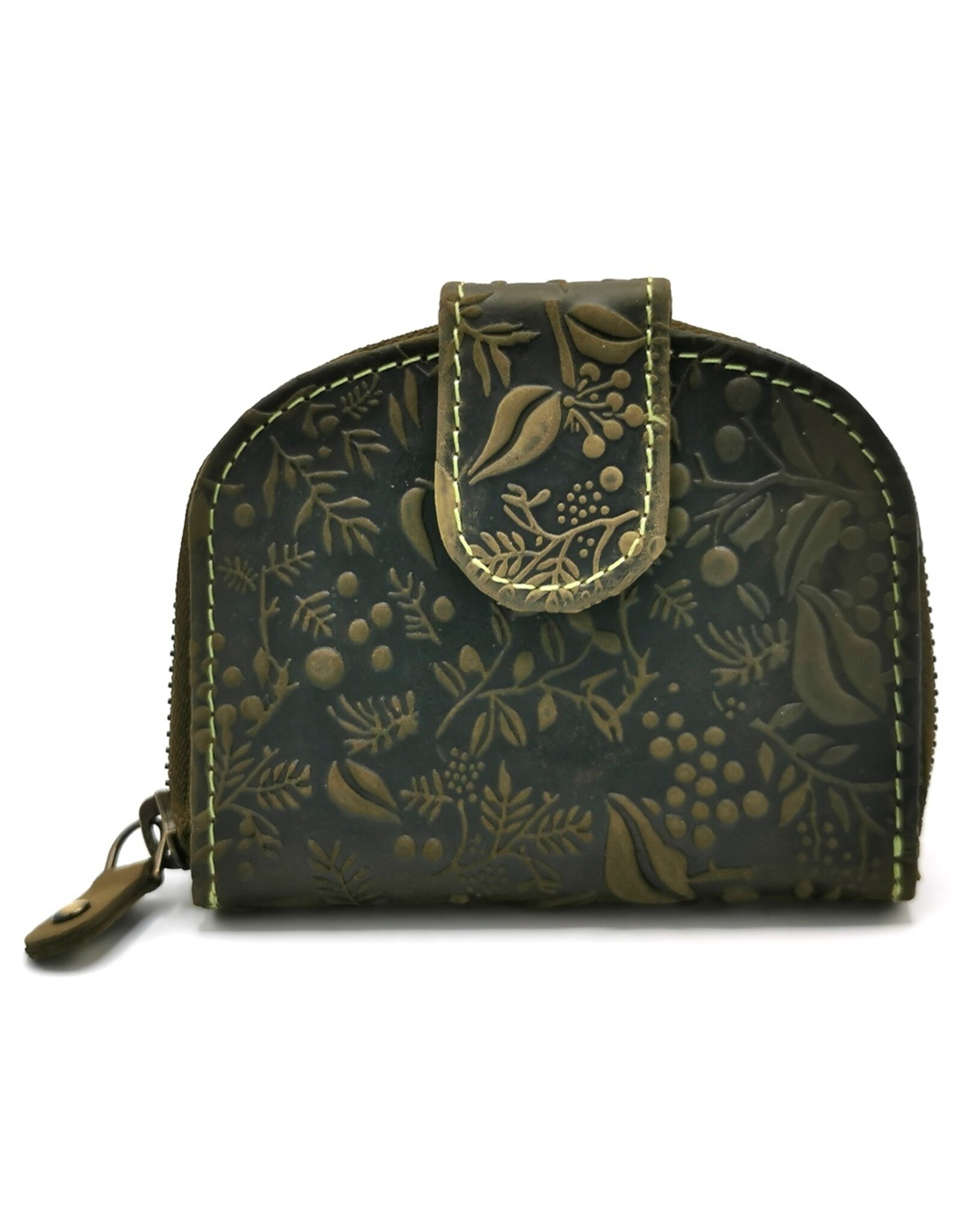 HillBurry Leather wallets - HillBurry Leather Wallet Floral Embossed Half Round Green
