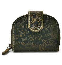 HillBurry HillBurry Leather Wallet Floral Embossed Half Round Green