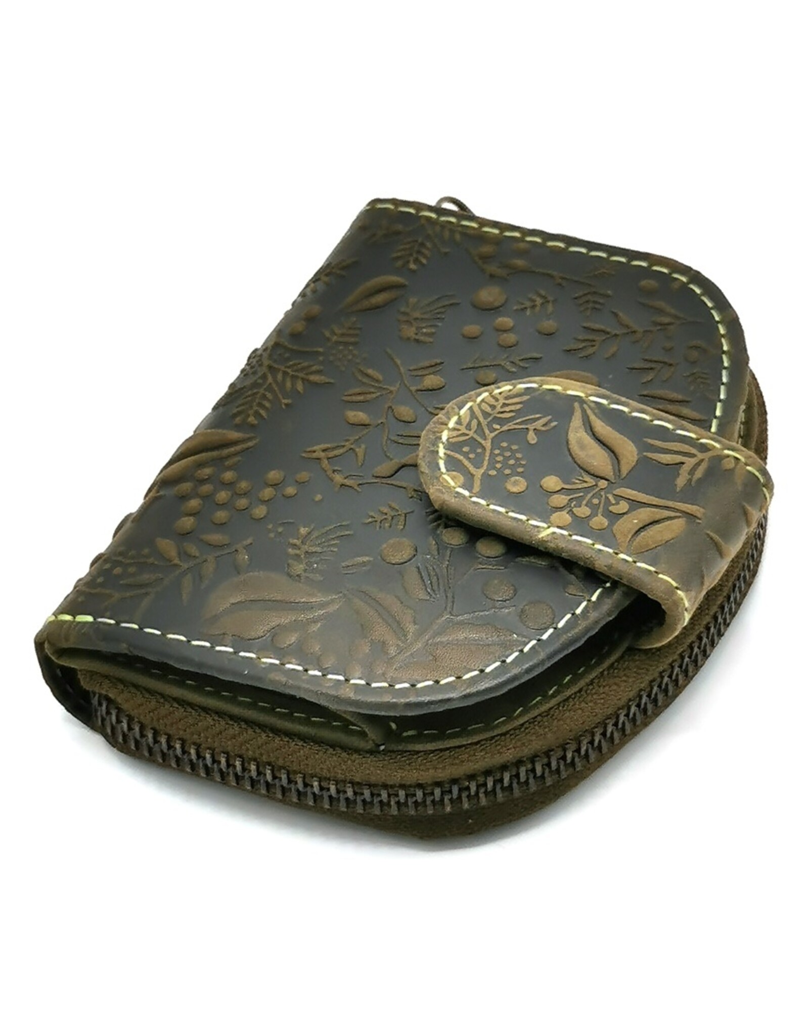 HillBurry Leather wallets - HillBurry Leather Wallet Floral Embossed Half Round Green
