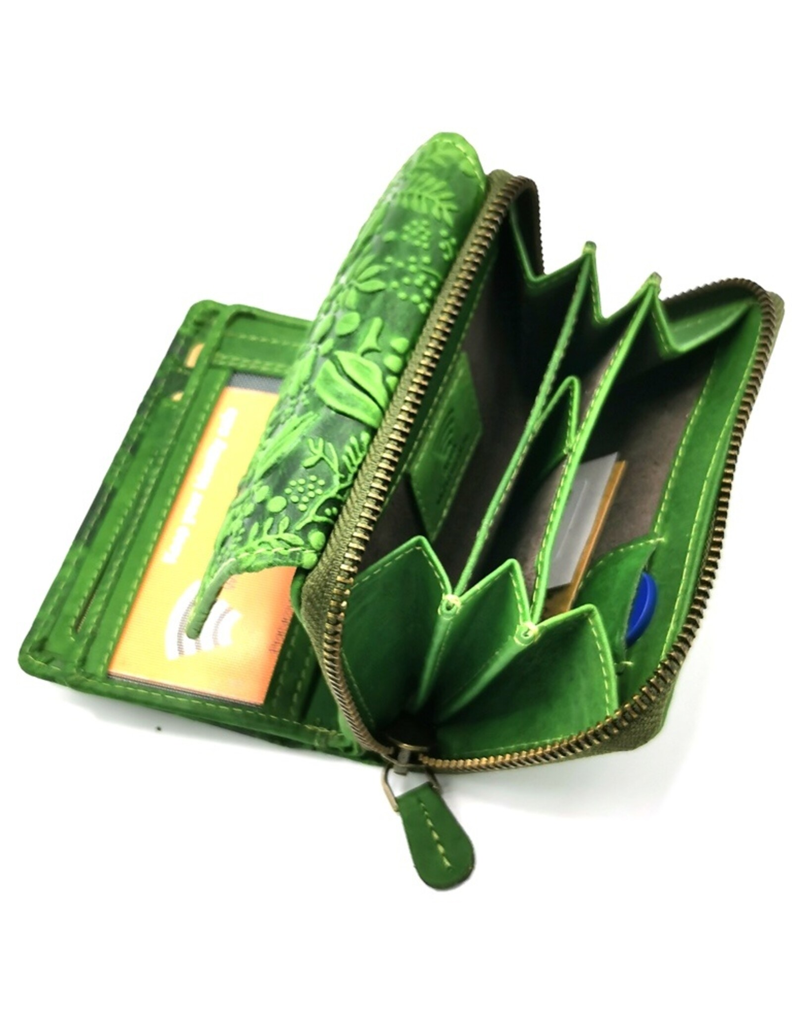 HillBurry Leren portemonnees - HillBurry Leren Portemonnee met Reliëf Bladeren groen