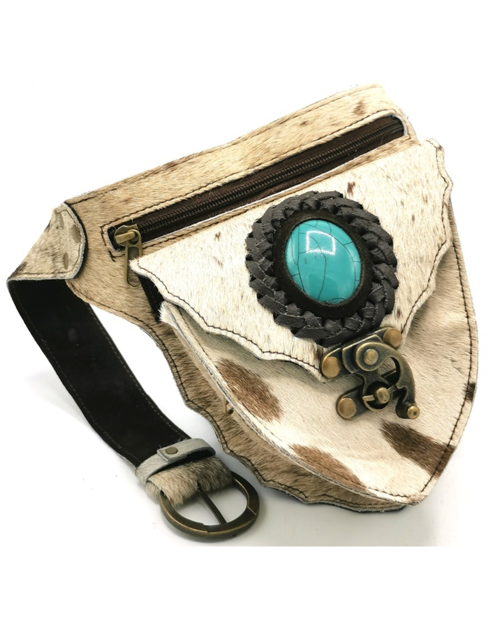 Trukado Leather Festival bags, waist bags and belt bags -   Cowhide Waist Bag with Hook and Turquoise Stone Ibiza
