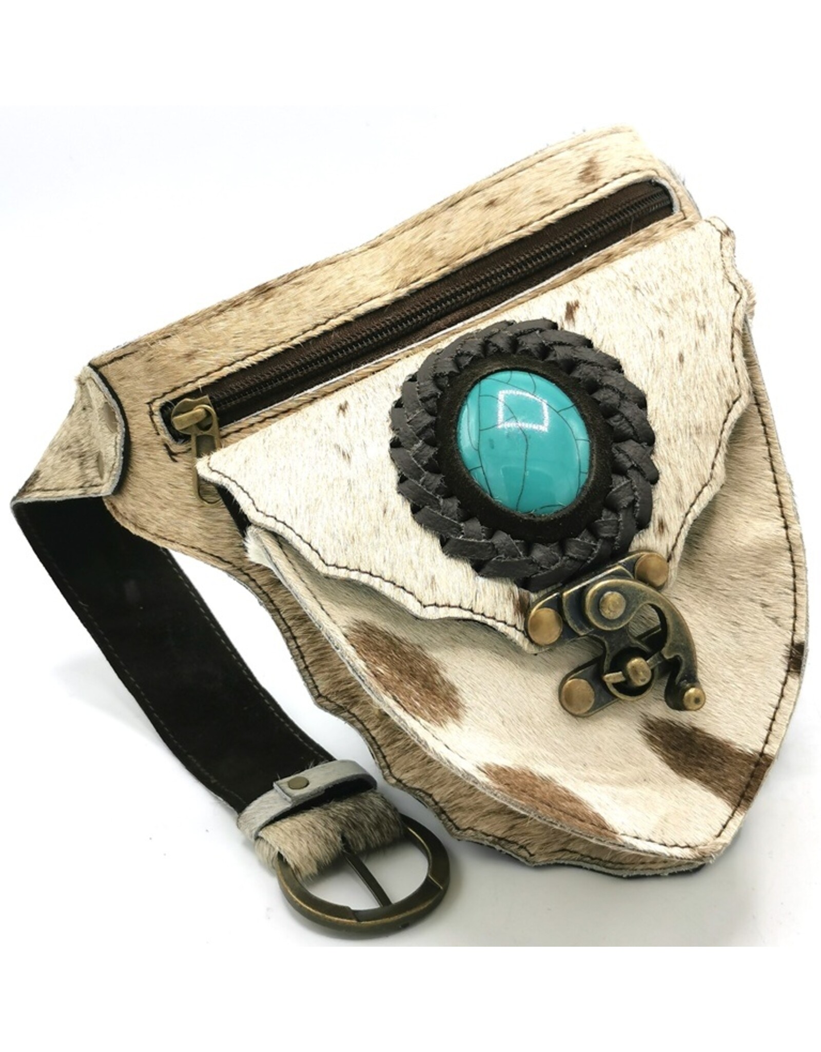 Trukado Leather Festival bags, waist bags and belt bags -   Cowhide Waist Bag with Hook and Turquoise Stone Ibiza