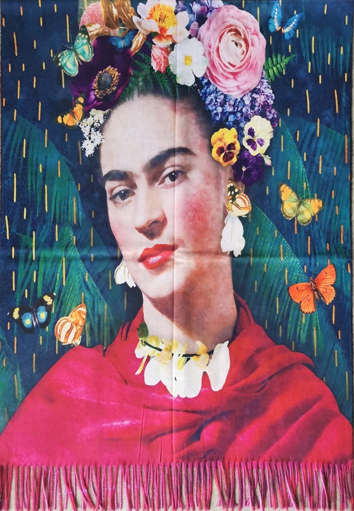 Frida Kahlo with Red Shawl, Butterflies and Flowers shawl Trukado
