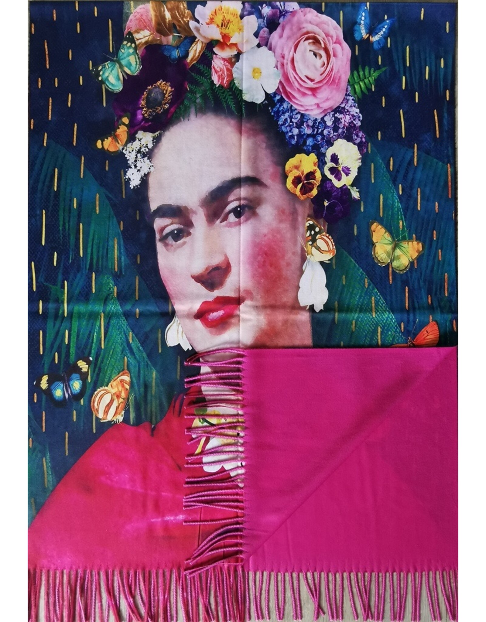 Trukado Miscellaneous - Frida Kahlo with Red Shawl, Butterflies and Flowers Wrap