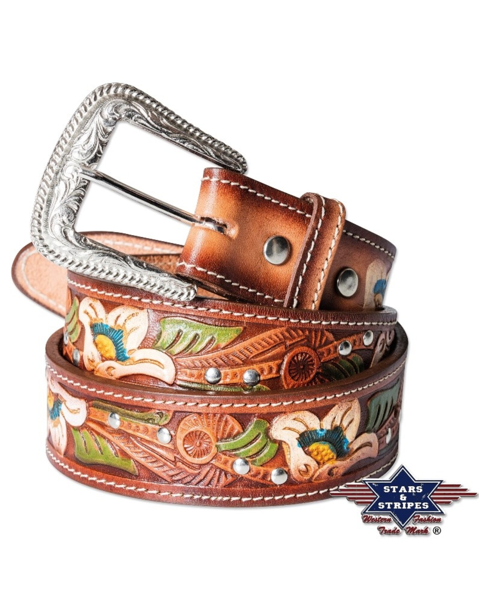 Stars&Stripes Leather belts and buckles - Western belt made of embossed leather, exchangeable buckle
