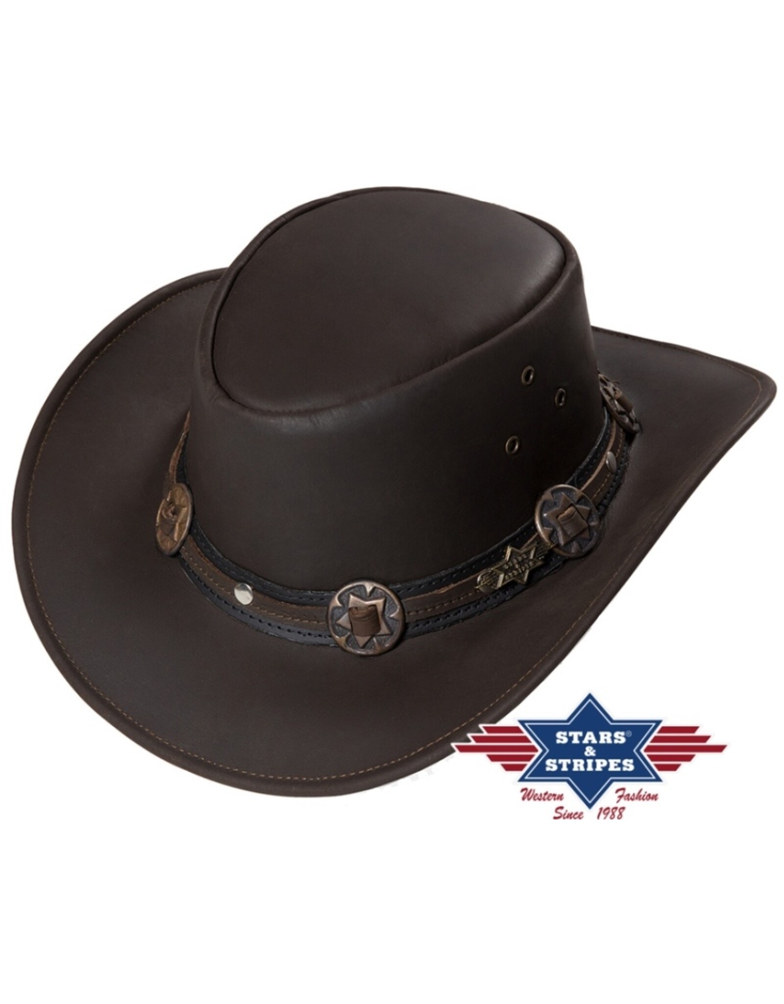 Stars&Stripes Leather belts and buckles - Western hat Huck dark brown cowhide leather