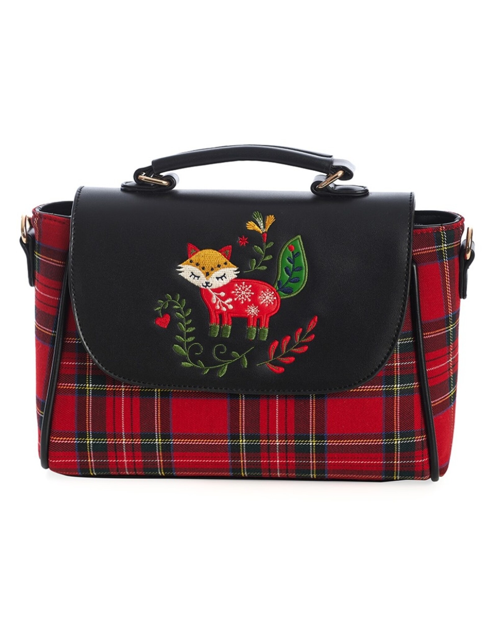 Banned Retro tassen Vintage tassen - Banned Scandi Christmas Fox Handtas met Schotse ruit rood