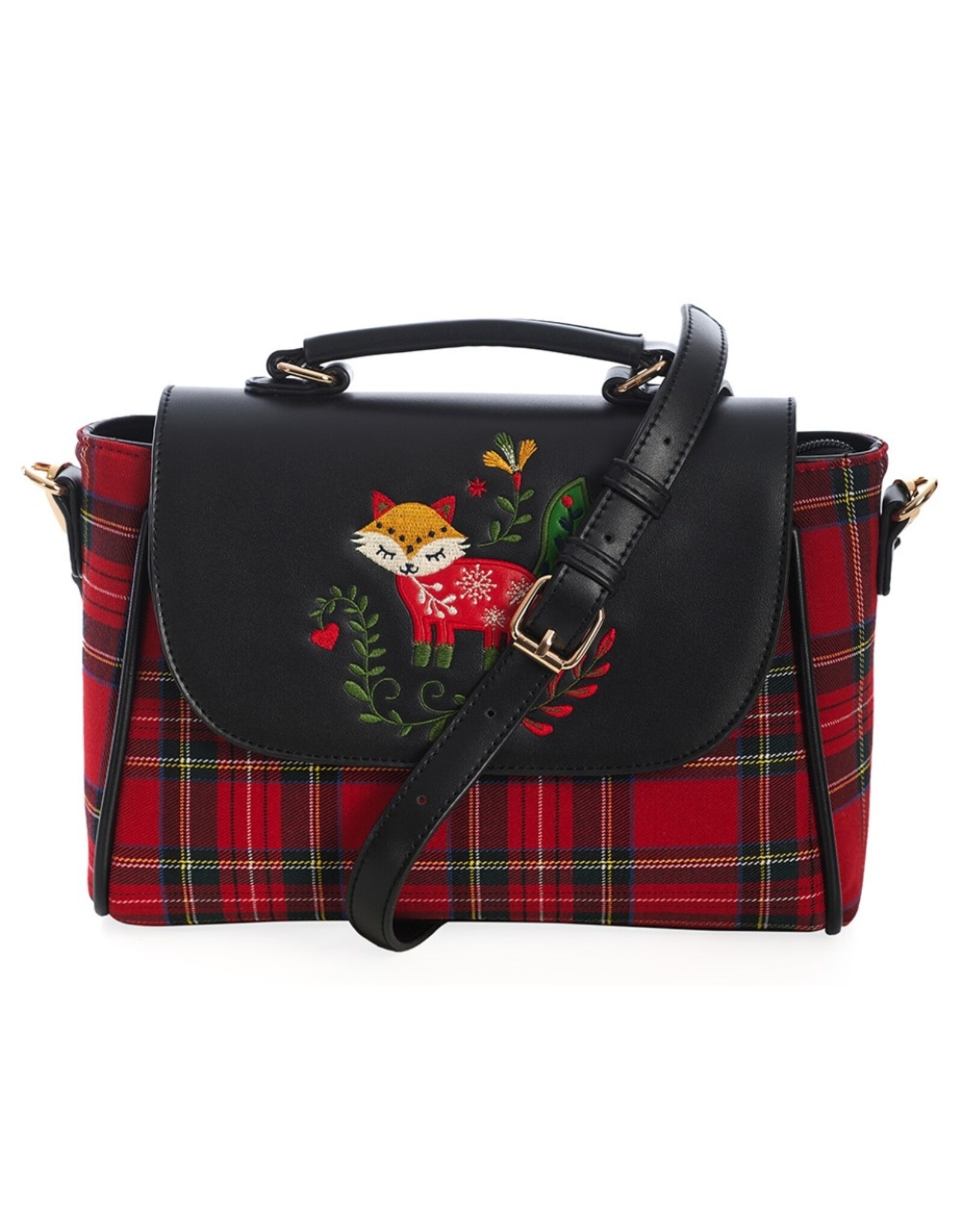 Banned Retro tassen Vintage tassen - Banned Scandi Christmas Fox Handtas met Schotse ruit rood