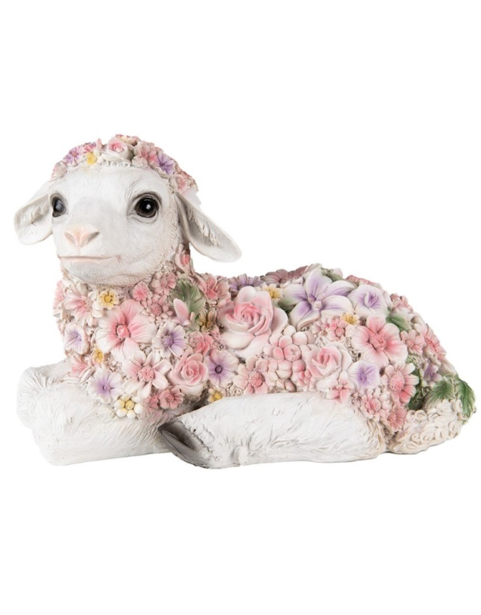 C&E Giftware & Lifestyle - Liggend Schaap Versiert met Roze Bloemen beeldje