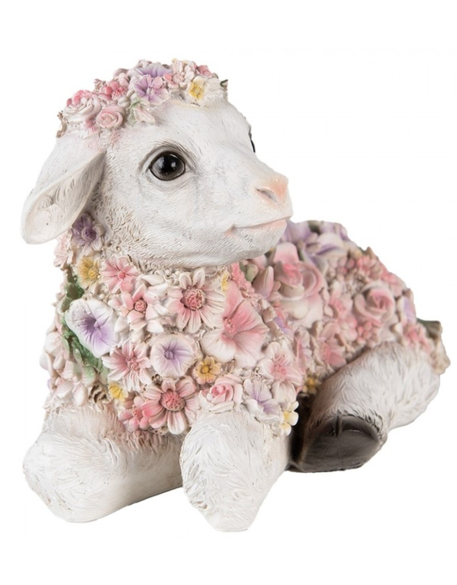 C&E Giftware & Lifestyle - Liggend Schaap Versiert met Roze Bloemen beeldje