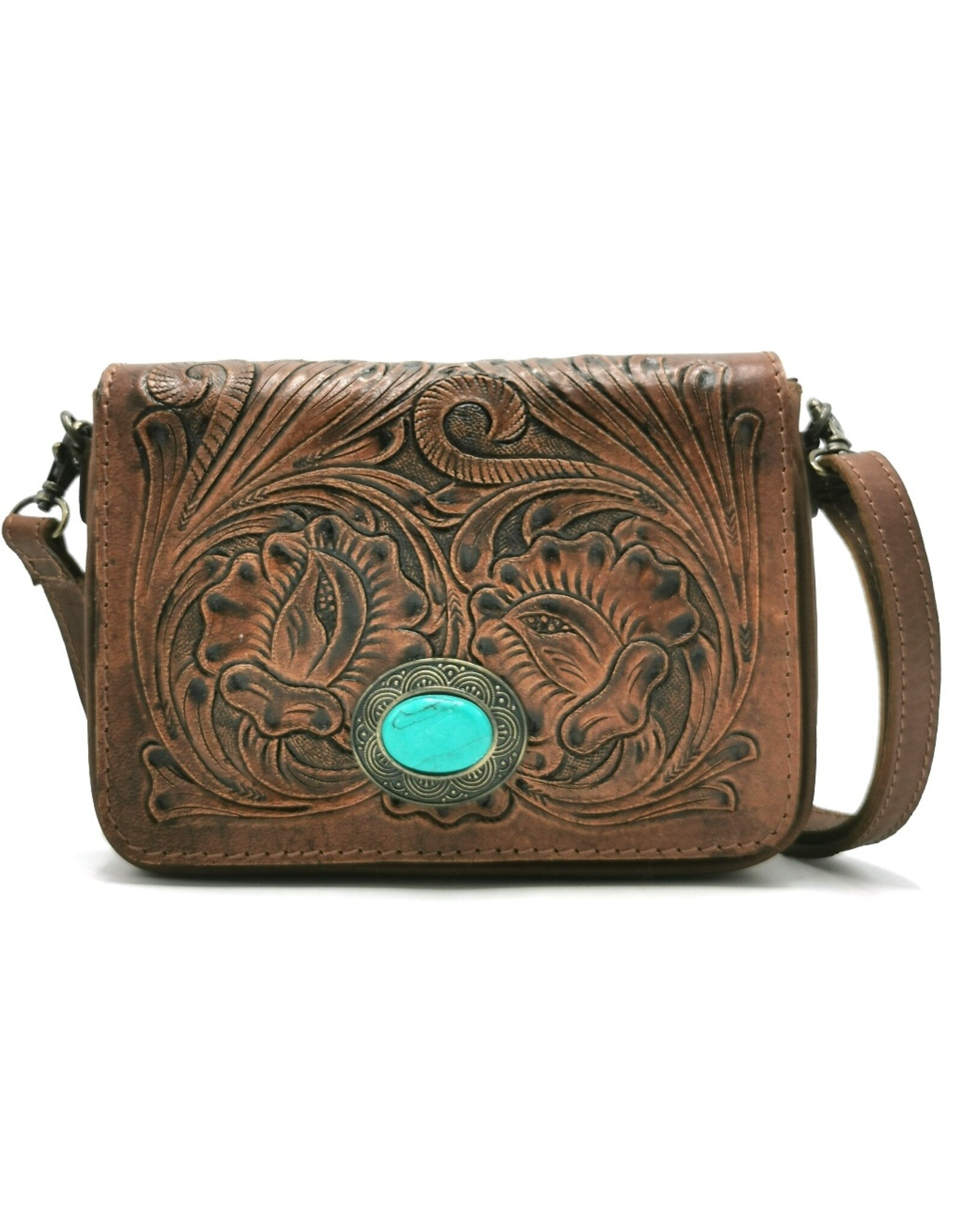 Trukado Leren schoudertassen Leren crossbody tassen - Leren schoudertas met Fantasy reliëf en groene steen