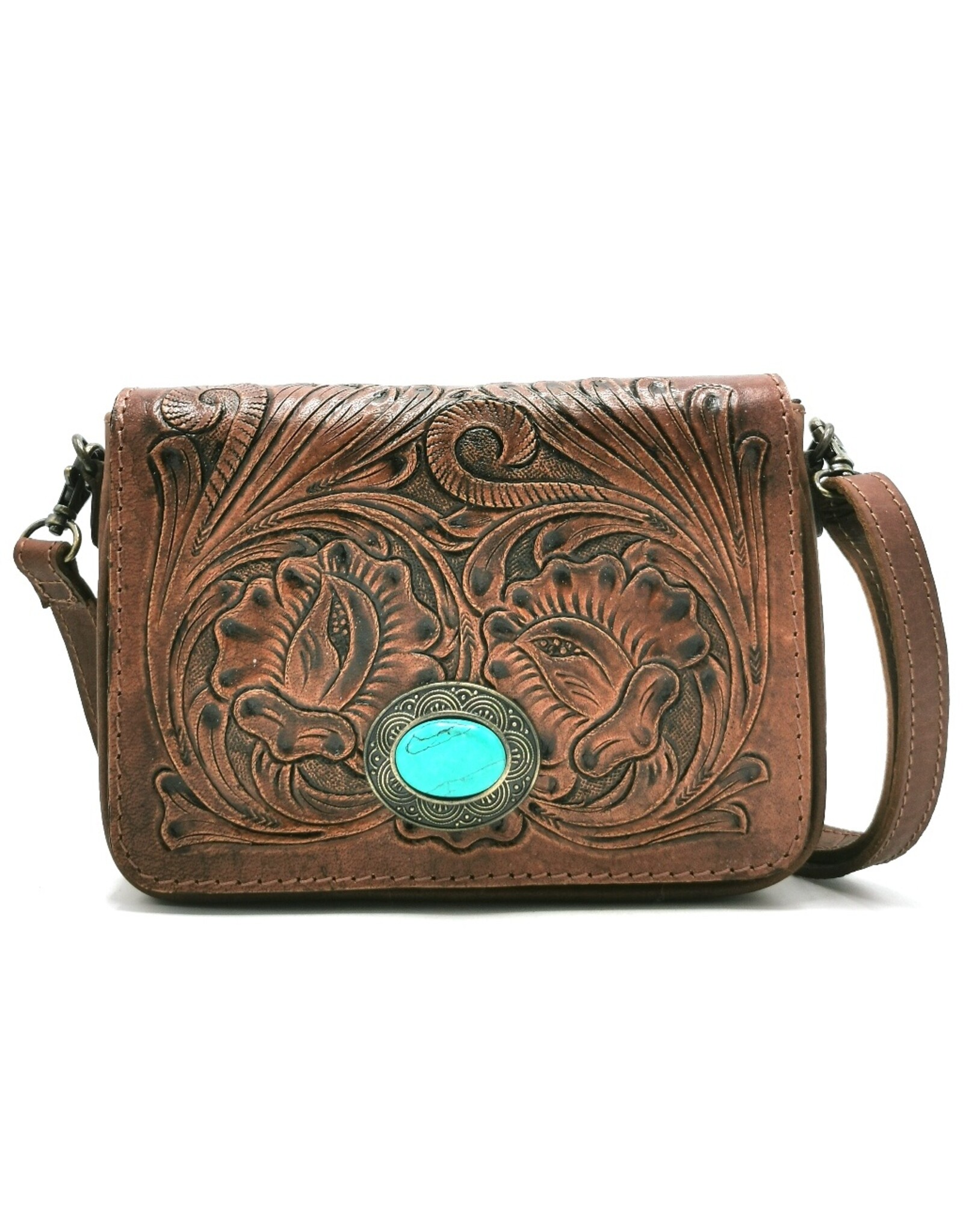 Trukado Leren schoudertassen Leren crossbody tassen - Leren schoudertas met Fantasy reliëf en groene steen