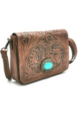 Trukado Leren schoudertassen Leren crossbody tassen - Leren schoudertas met Fantasy reliëf en groene steen