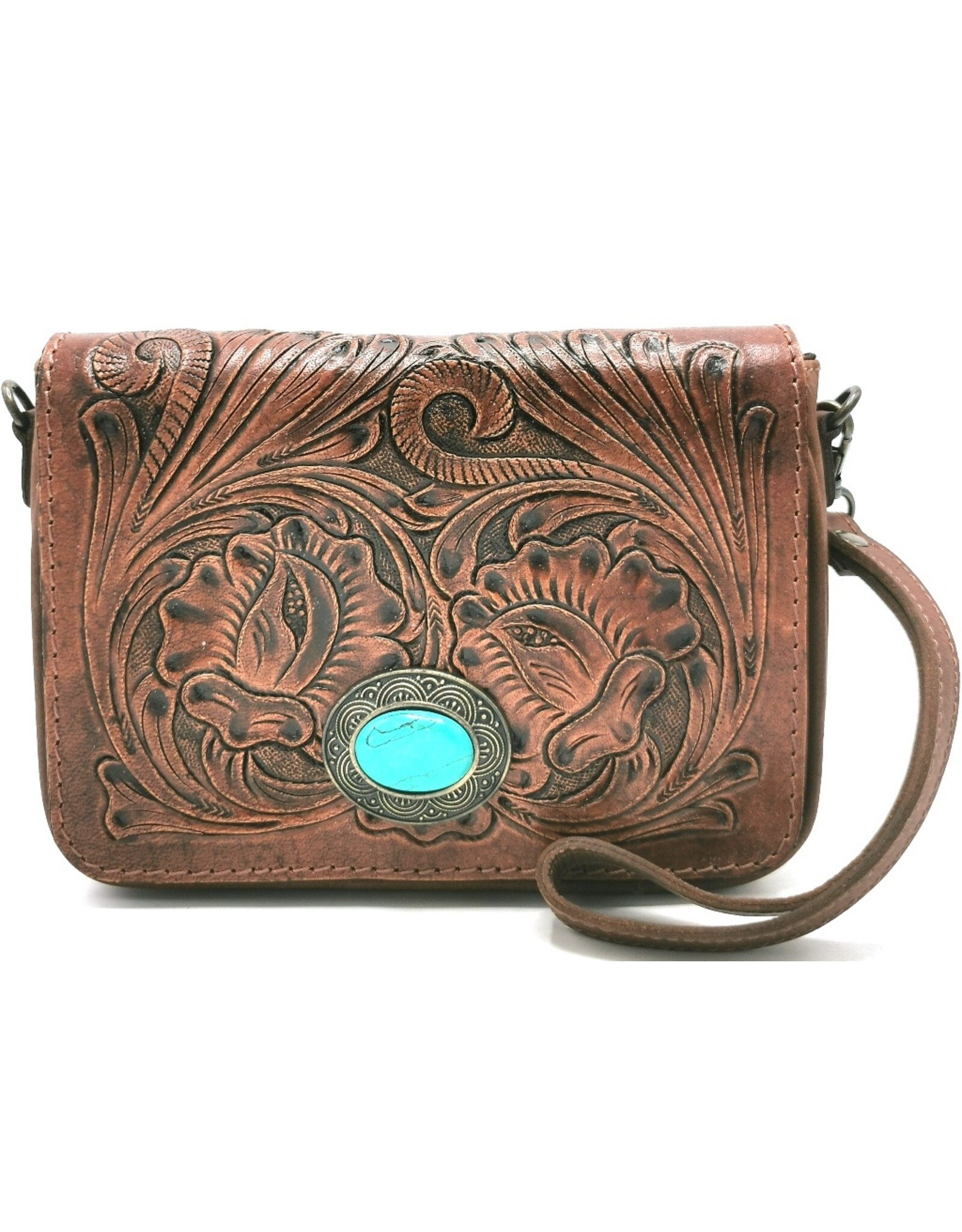 Trukado Leren schoudertassen Leren crossbody tassen - Leren schoudertas met Fantasy reliëf en groene steen