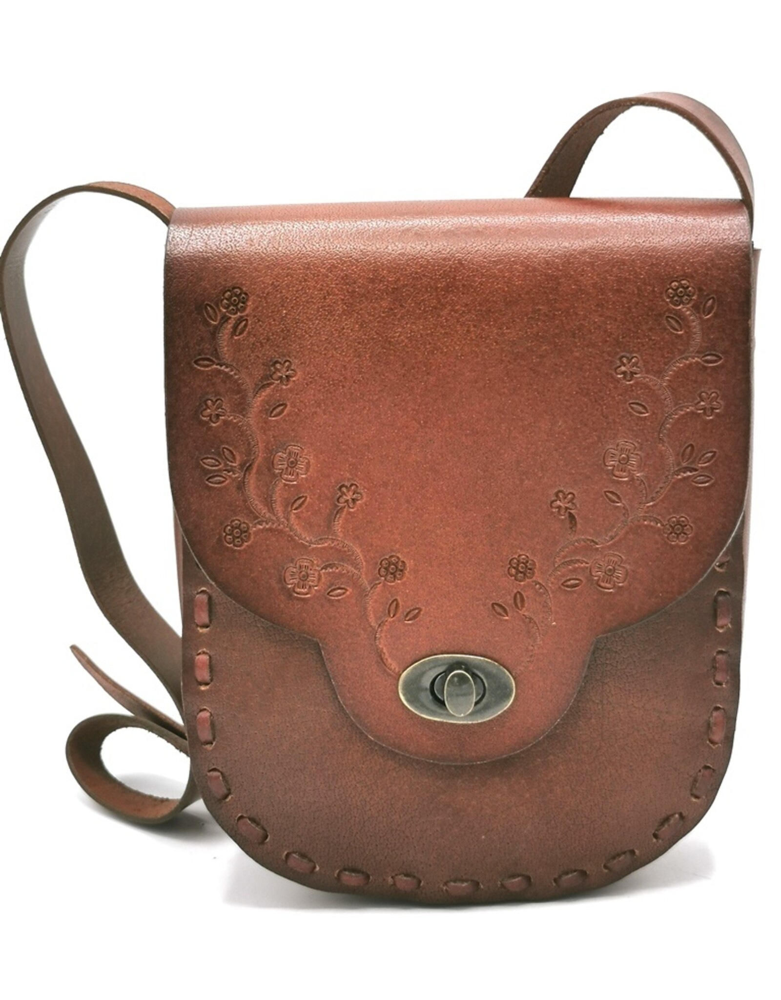 Trukado Leather bags - Leather saddle bag with floral embossing and twist closure