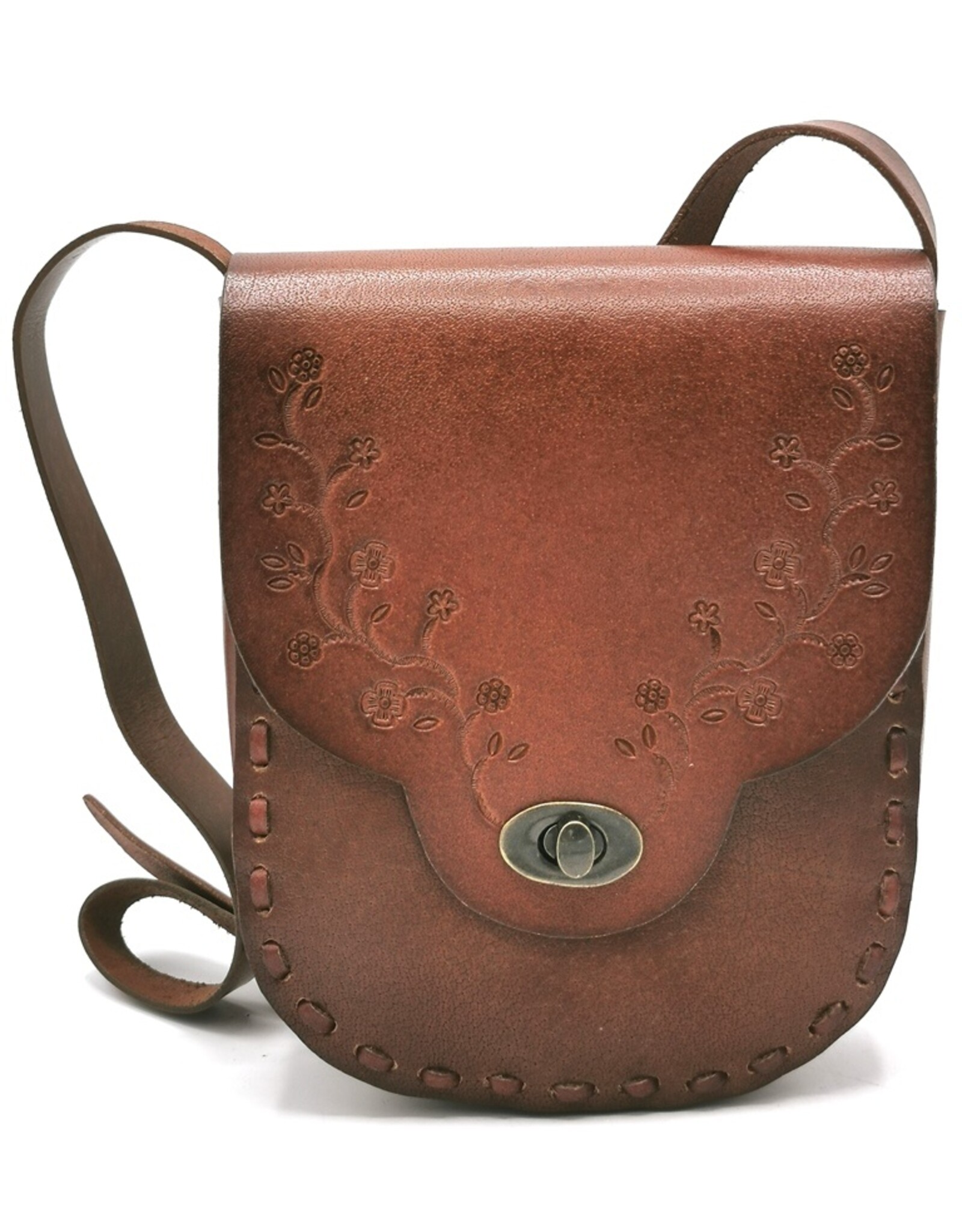 Trukado Leather bags - Leather saddle bag with floral embossing and twist closure