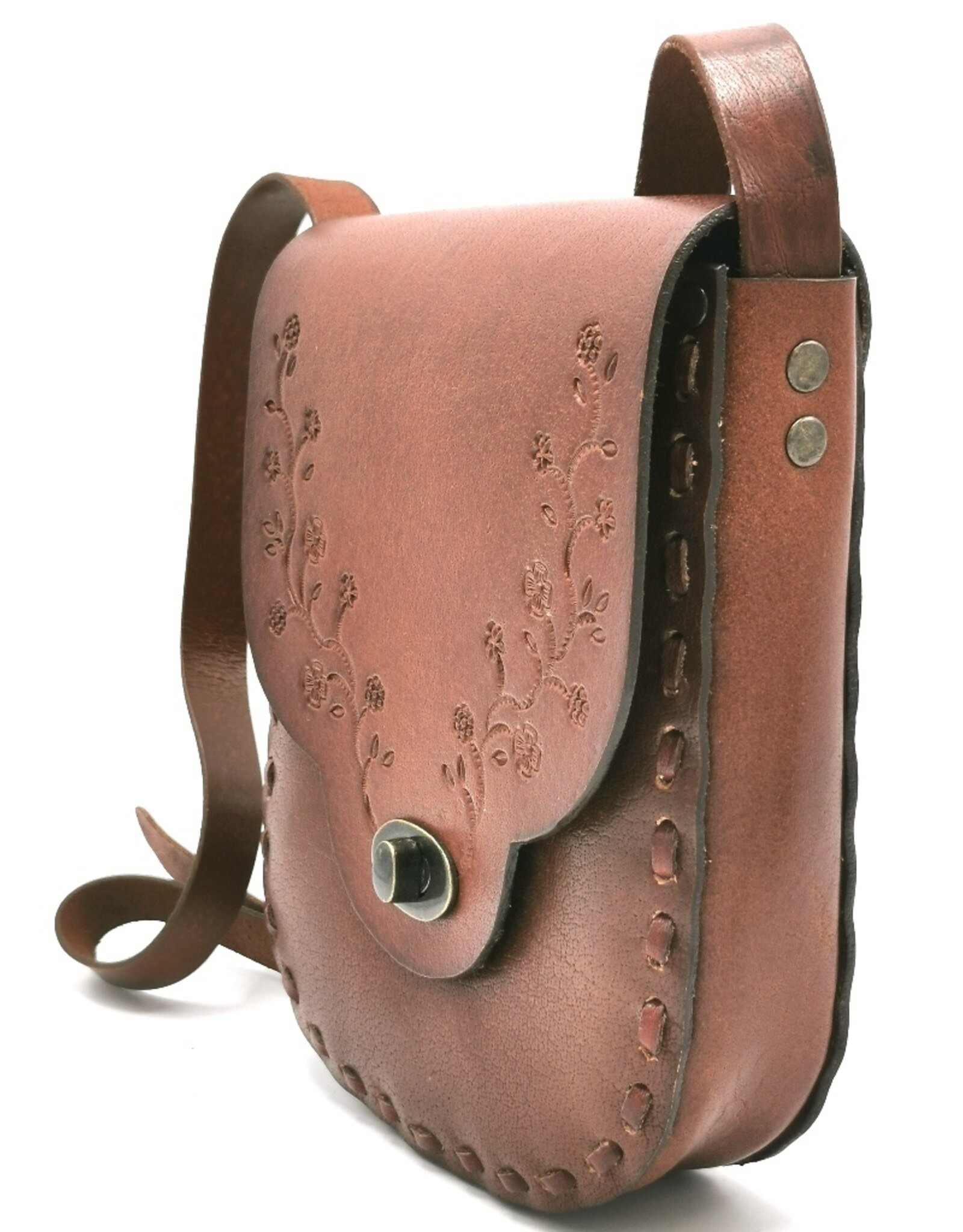 Trukado Leather bags - Leather saddle bag with floral embossing and twist closure