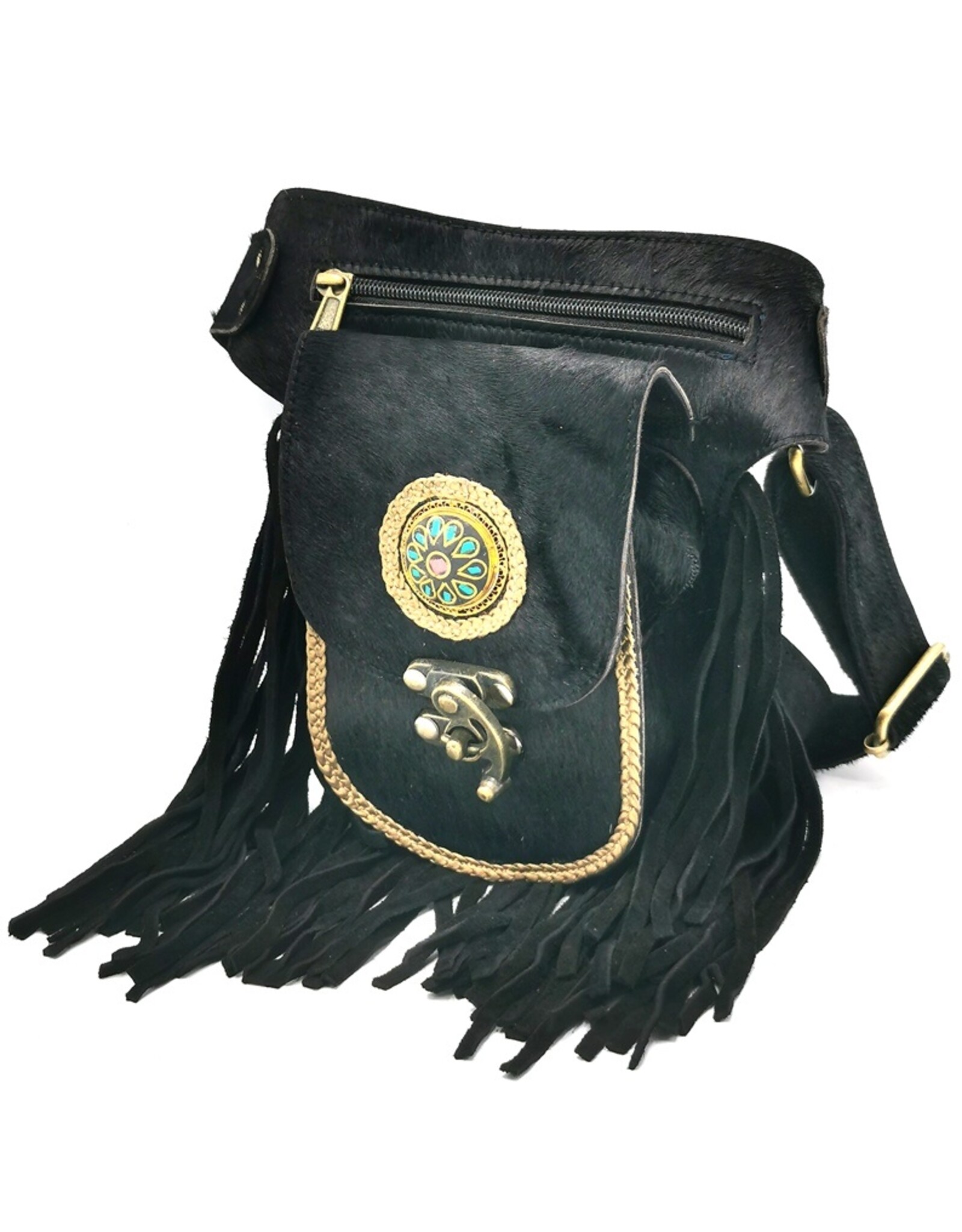 Trukado Small leather bags, cluches and more - Leather Waistbag with Cowhide and Fringes black