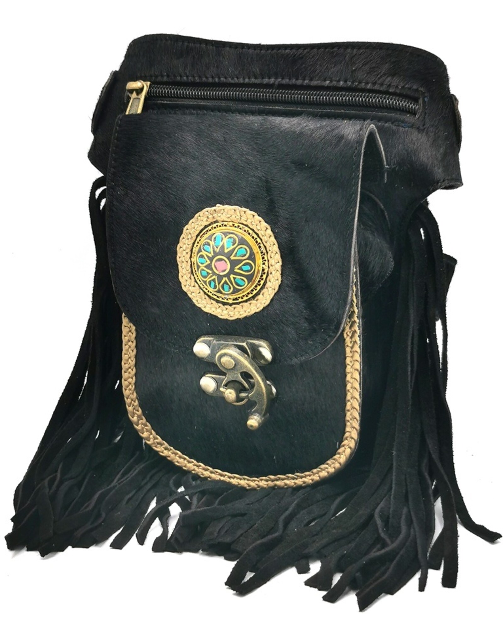 Trukado Small leather bags, cluches and more - Leather Waistbag with Cowhide and Fringes black