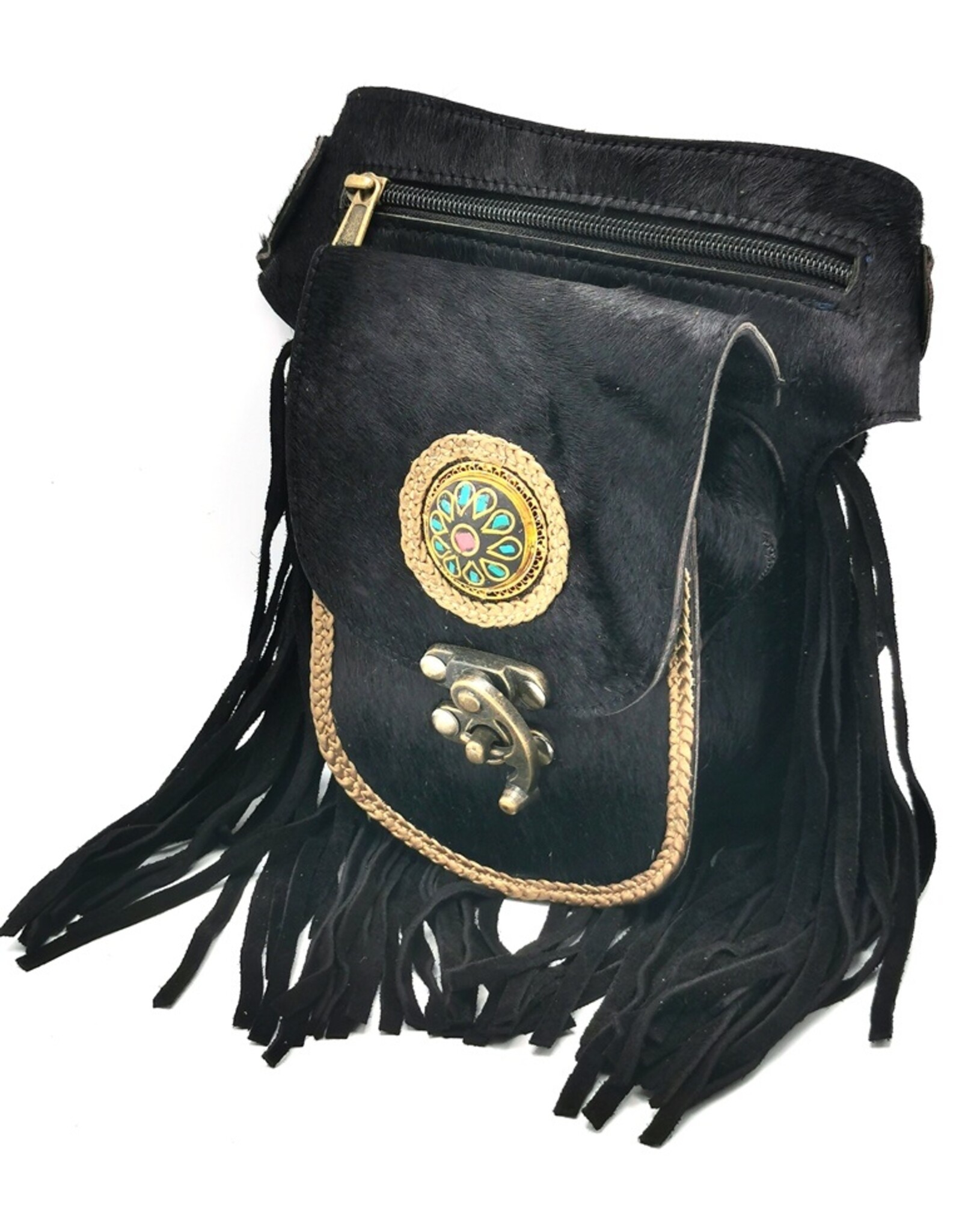 Trukado Small leather bags, cluches and more - Leather Waistbag with Cowhide and Fringes black