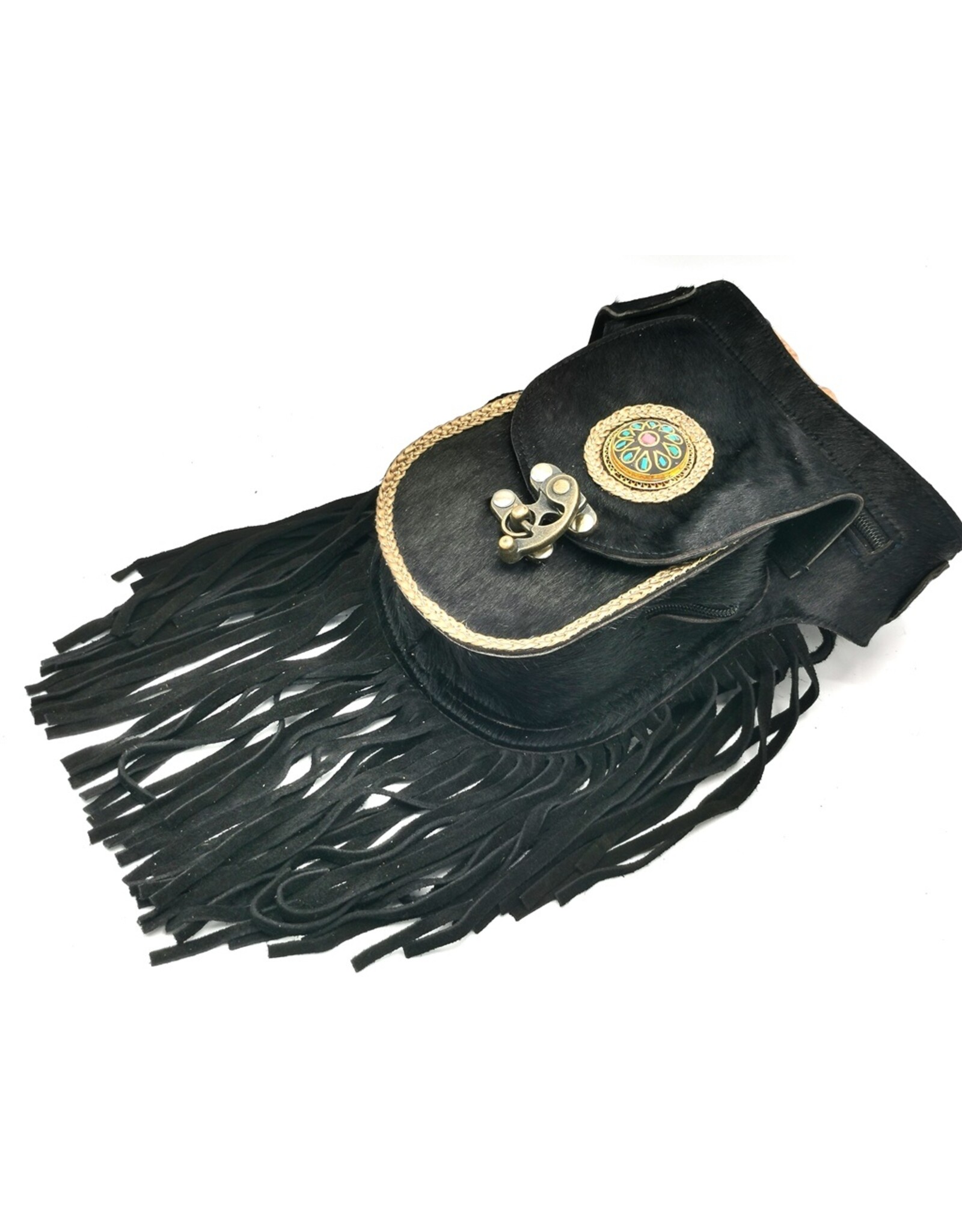 Trukado Small leather bags, cluches and more - Leather Waistbag with Cowhide and Fringes black