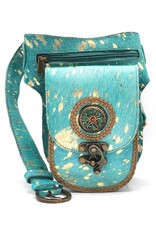 Trukado Leren Festivaltasjes, heuptassen en riemtassen - Koeienhuid heuptas met vintage haakje Turquoise-Goud Ibiza