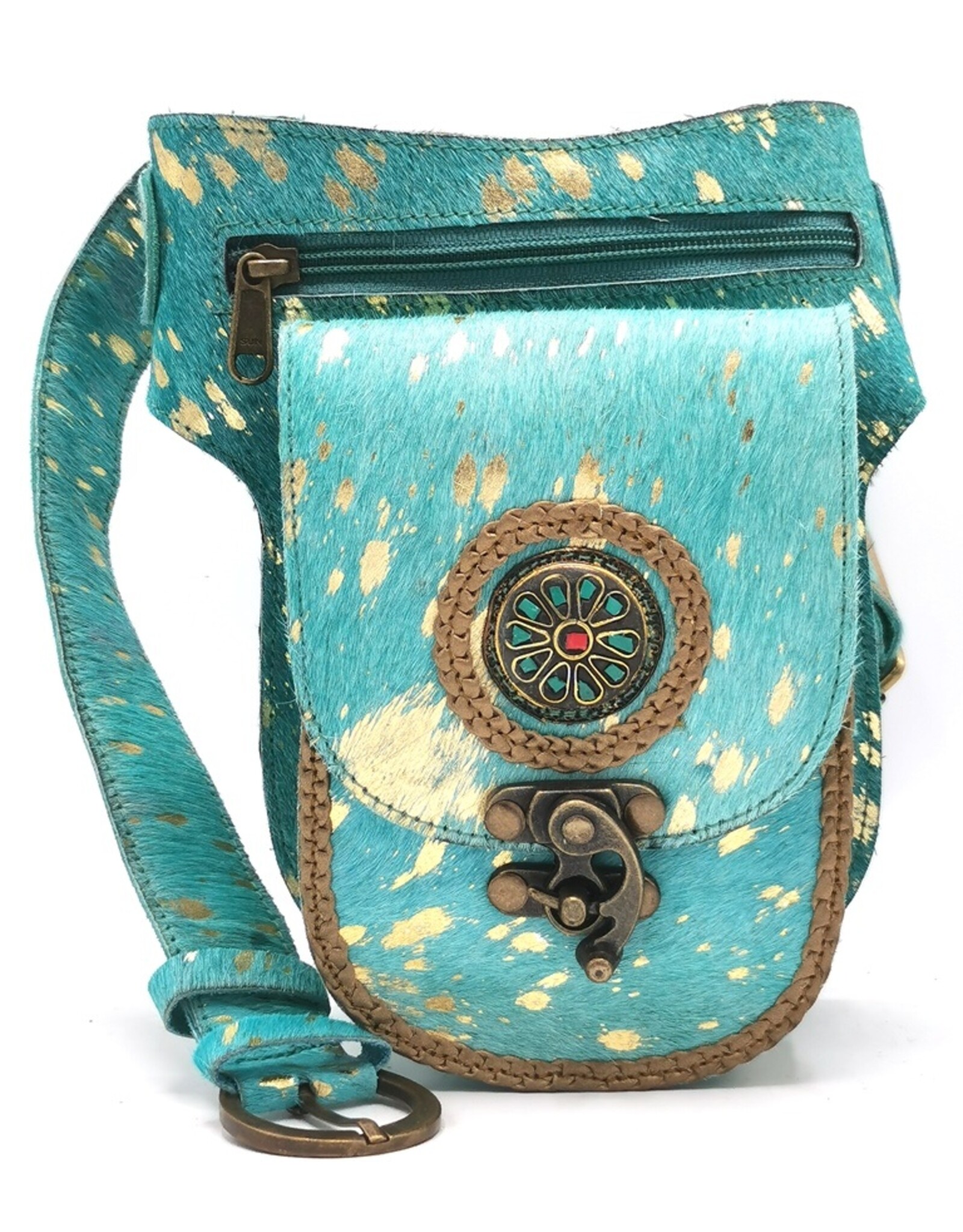 Trukado Leren Festivaltasjes, heuptassen en riemtassen - Koeienhuid heuptas met vintage haakje Turquoise-Goud Ibiza