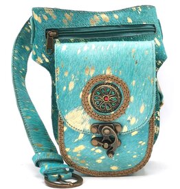 Trukado Koeienhuid heuptas met vintage haakje Turquoise-Goud Ibiza