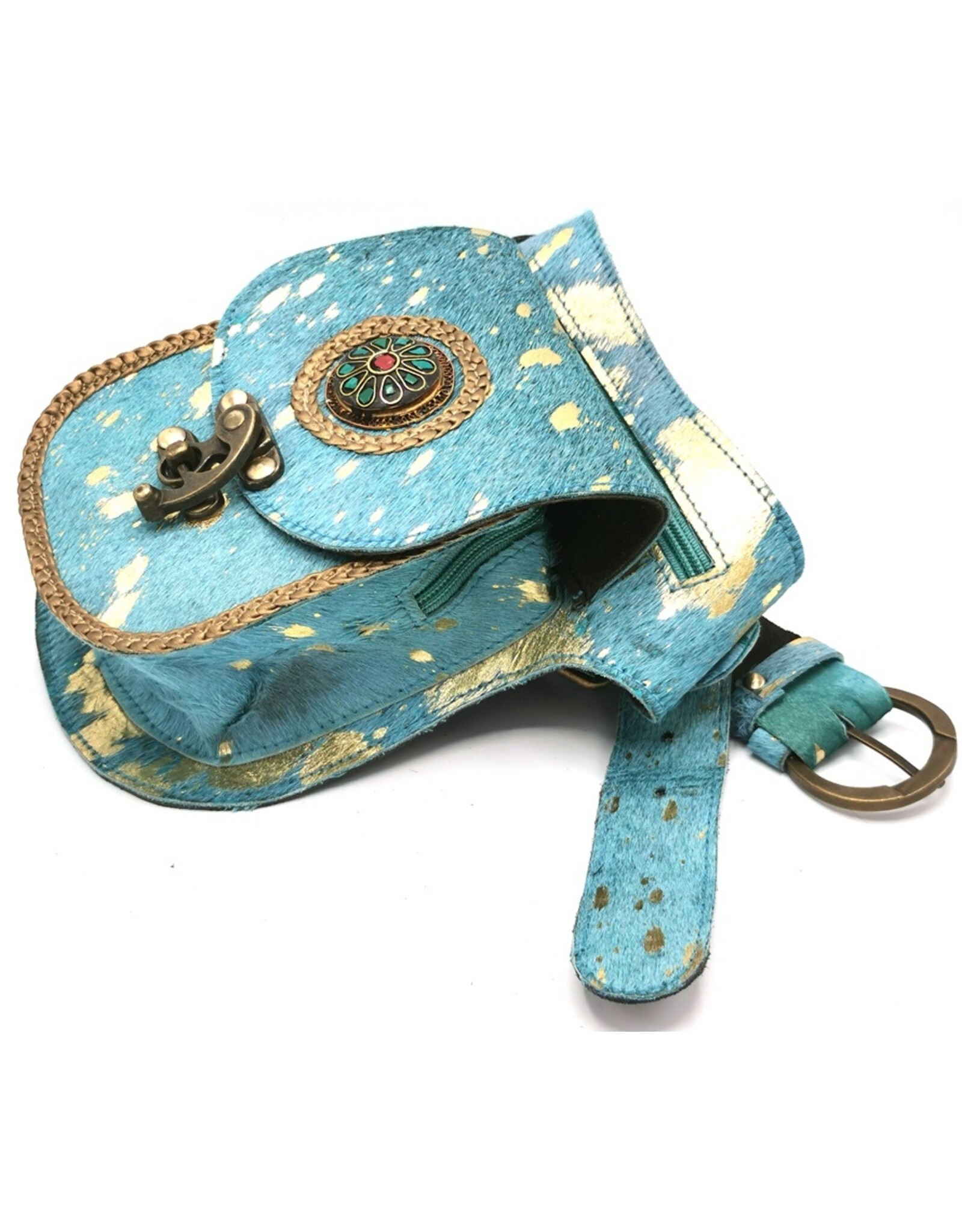 Trukado Leather Festival bags, waist bags and belt bags - Cowhide waist bag with vintage hook Turquoise-Gold Ibiza