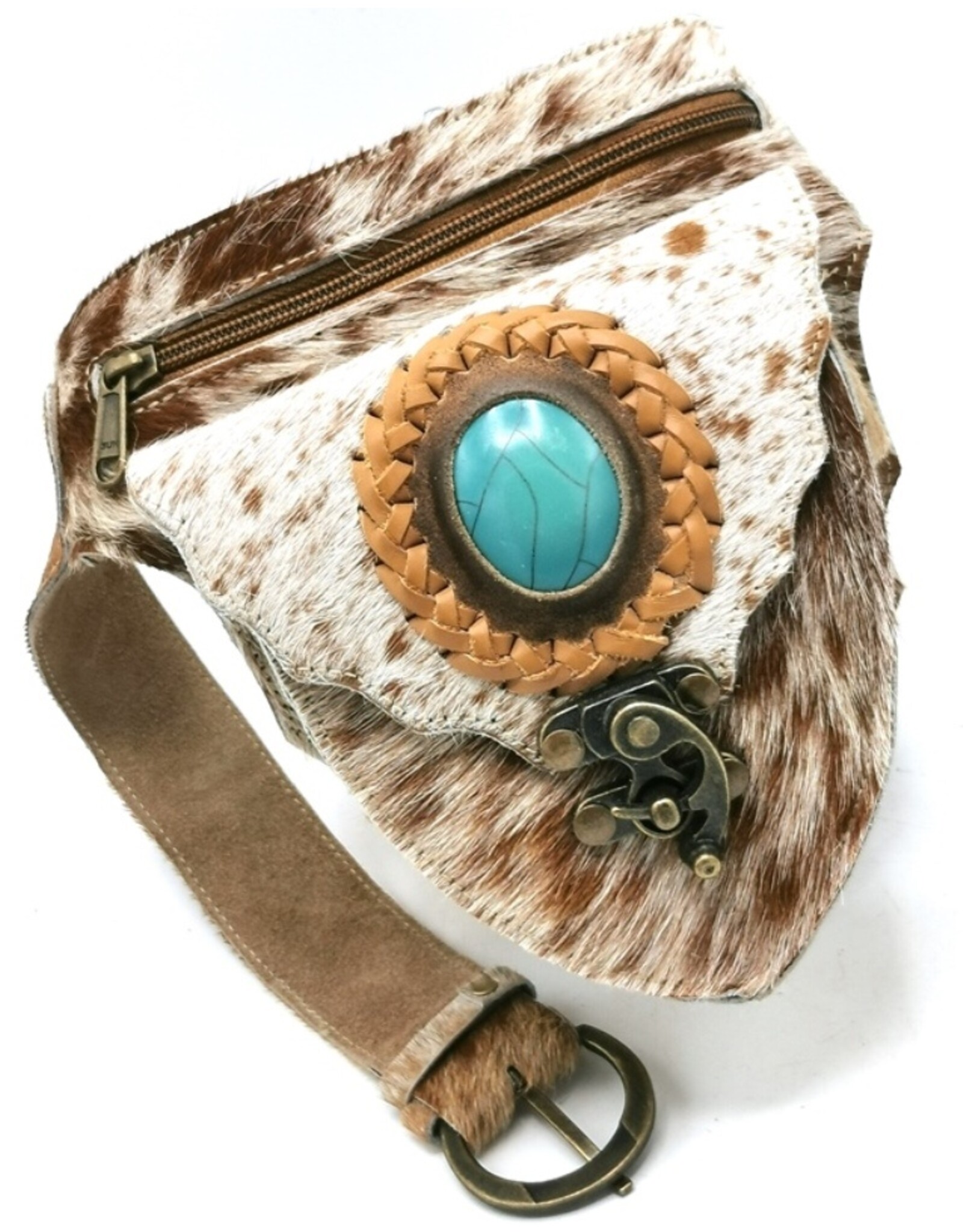 Trukado Leren Festivaltasjes, heuptassen en riemtassen - Koeienhuid heuptas met turquoise steen en haakje