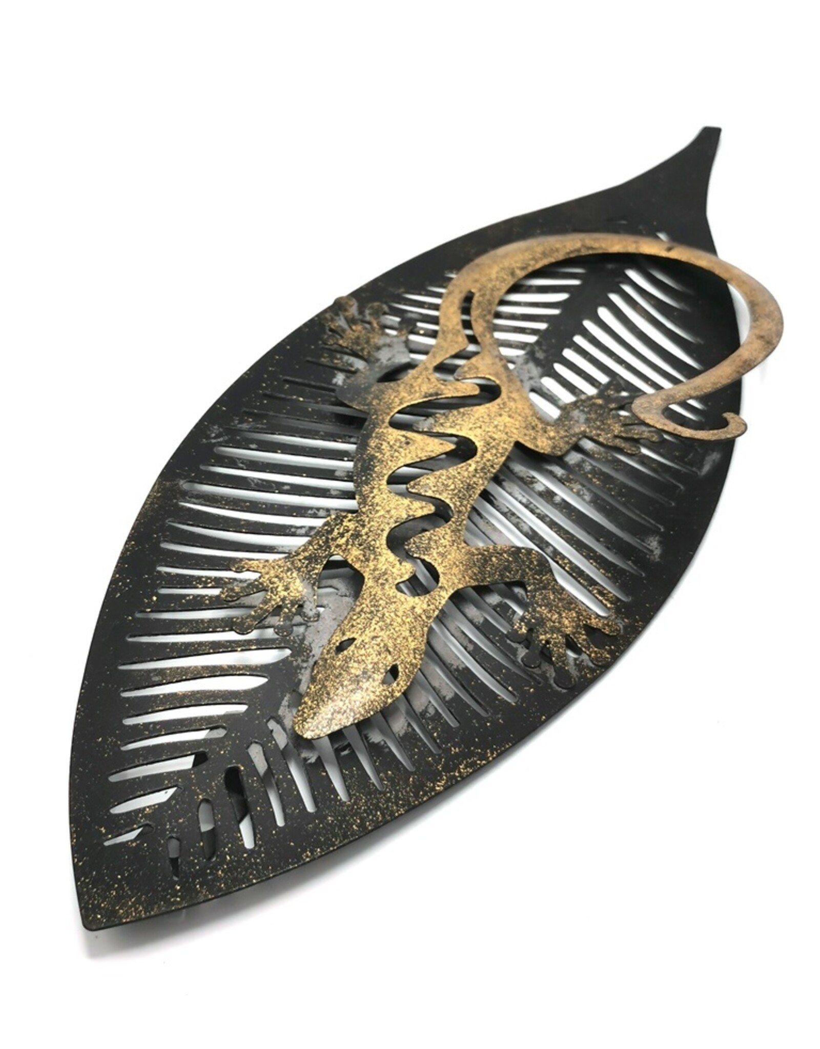 Trukado Miscellaneous - Lizard on Leaf Wall Decoration 33cm x 12cm Grey Metal