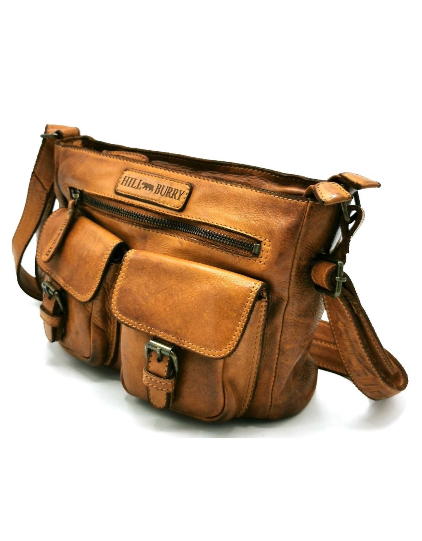 HillBurry Leren schoudertassen Leren crossbody tassen - HillBurry Schoudertas met meerdere vakken gewassen leer cognac