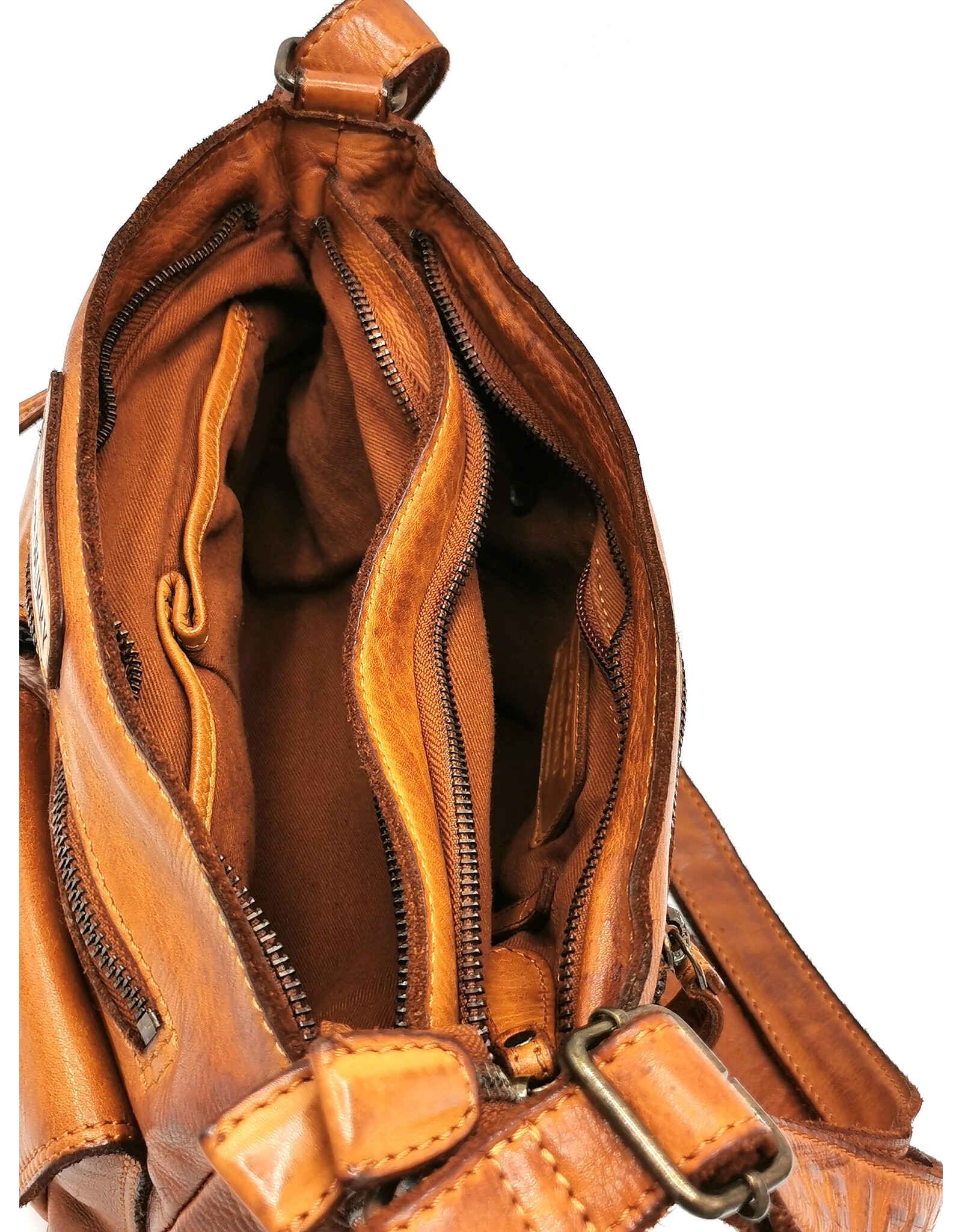 HillBurry Leren schoudertassen Leren crossbody tassen - HillBurry Schoudertas met meerdere vakken gewassen leer cognac