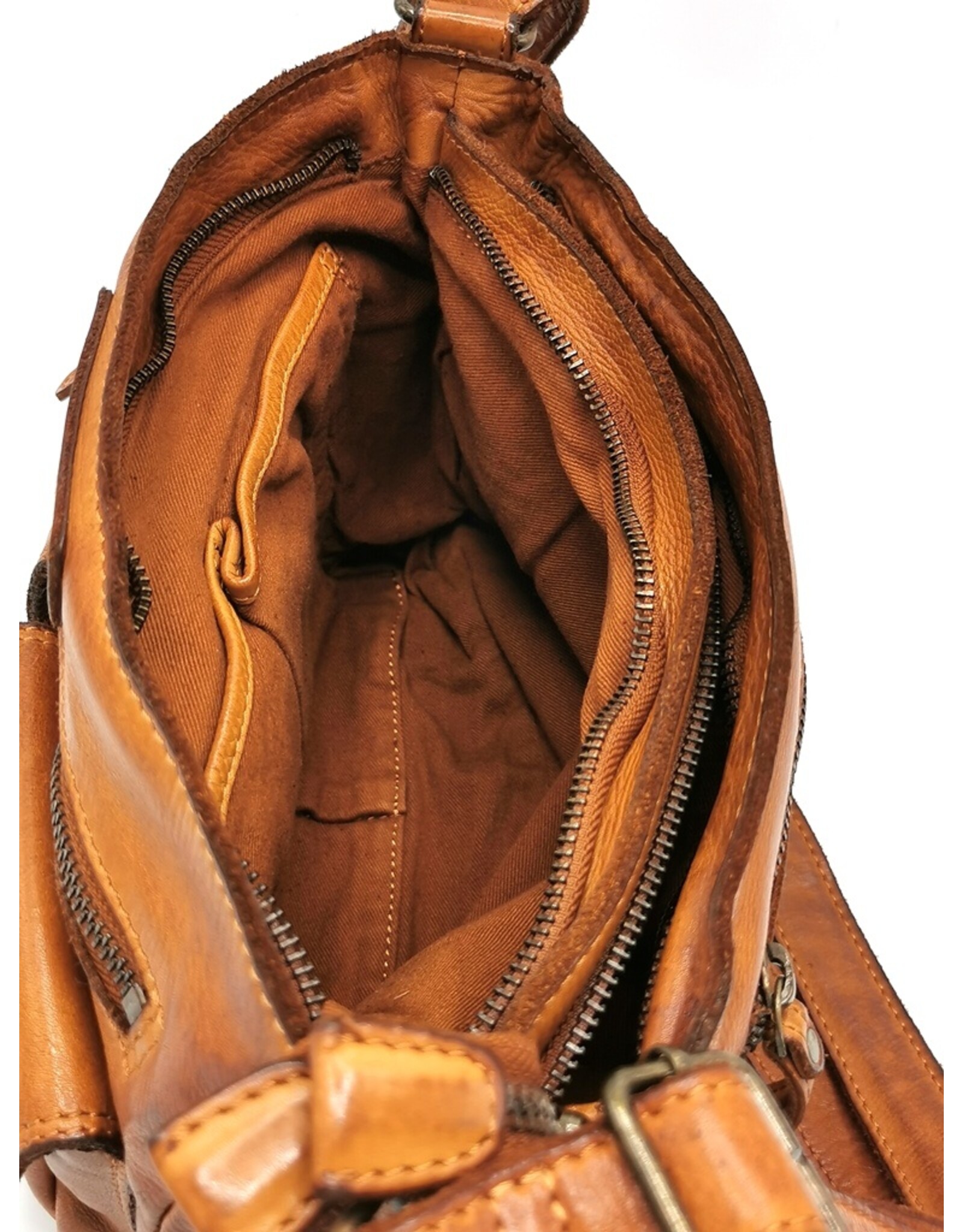 HillBurry Leren schoudertassen Leren crossbody tassen - HillBurry Schoudertas met meerdere vakken gewassen leer cognac