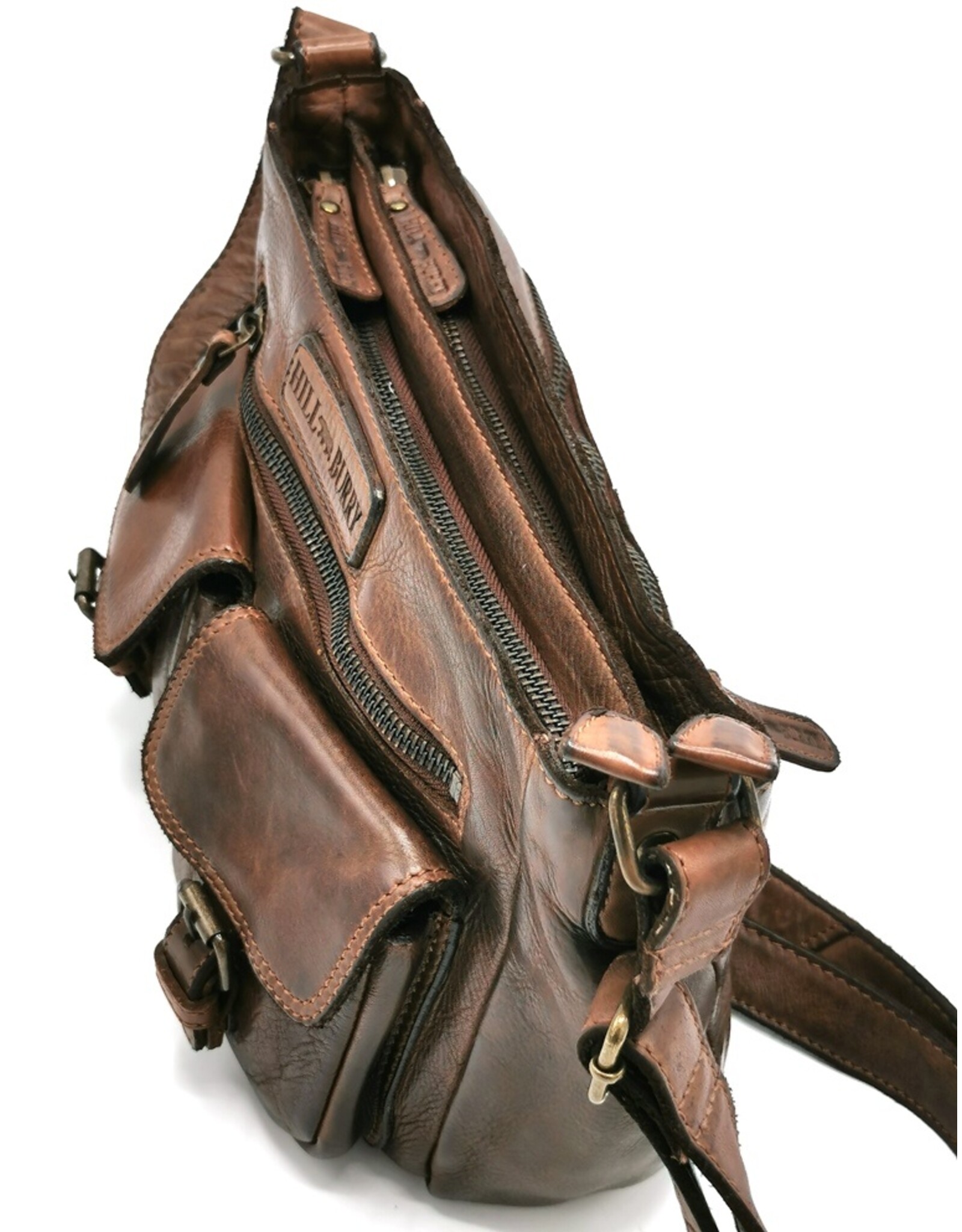 HillBurry Leather Shoulder bags  leather crossbody bags - HillBurry Leather Shoulder Bag with Multiple Pockets Washed Leather Brown