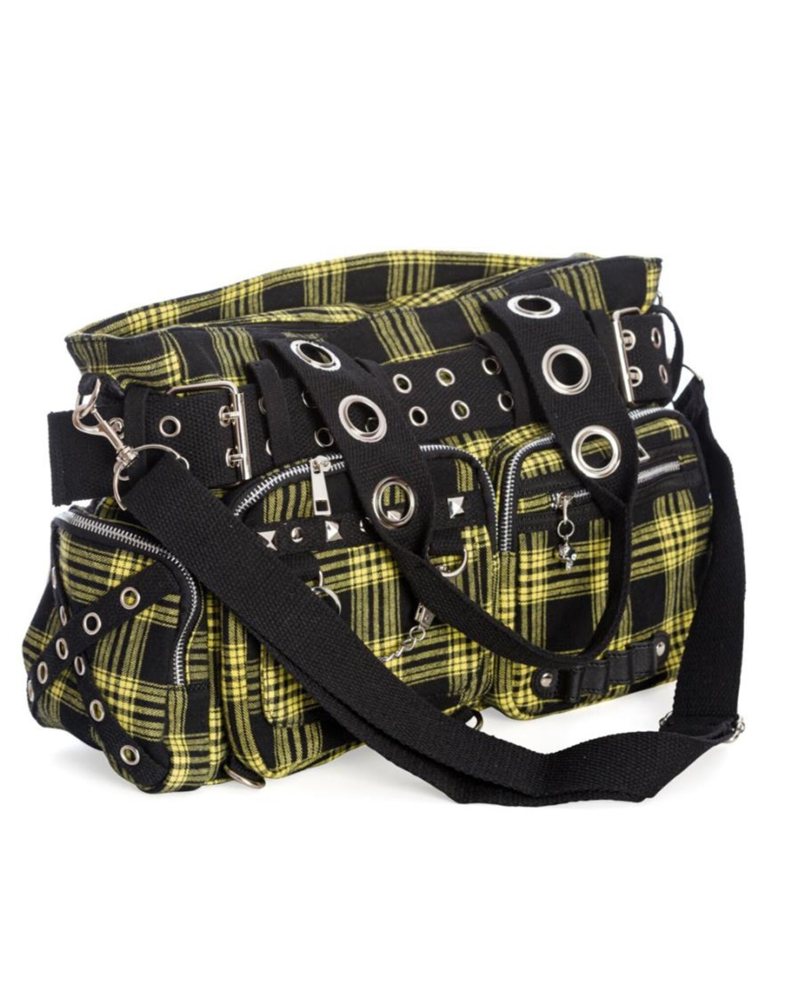 Banned Gothic Tassen Steampunk Tassen - Banned Camdyn Tartan Handtas Geel