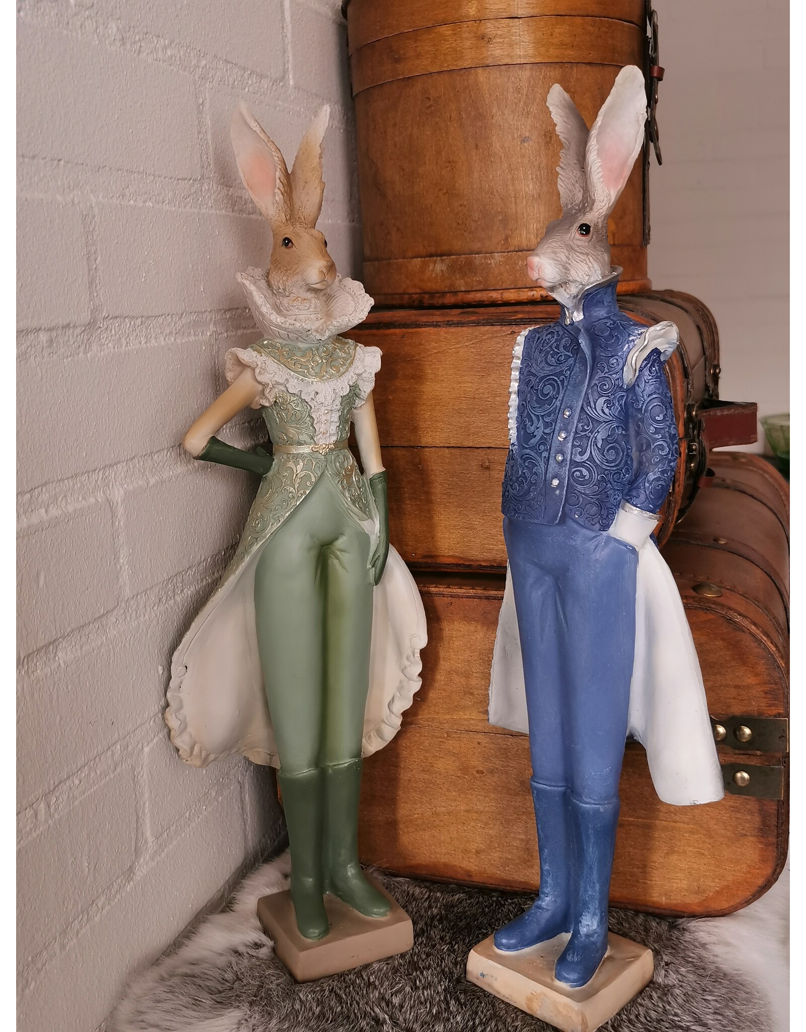 C&E Giftware & Lifestyle - Hare in blue Victorian dress figurine 44cm