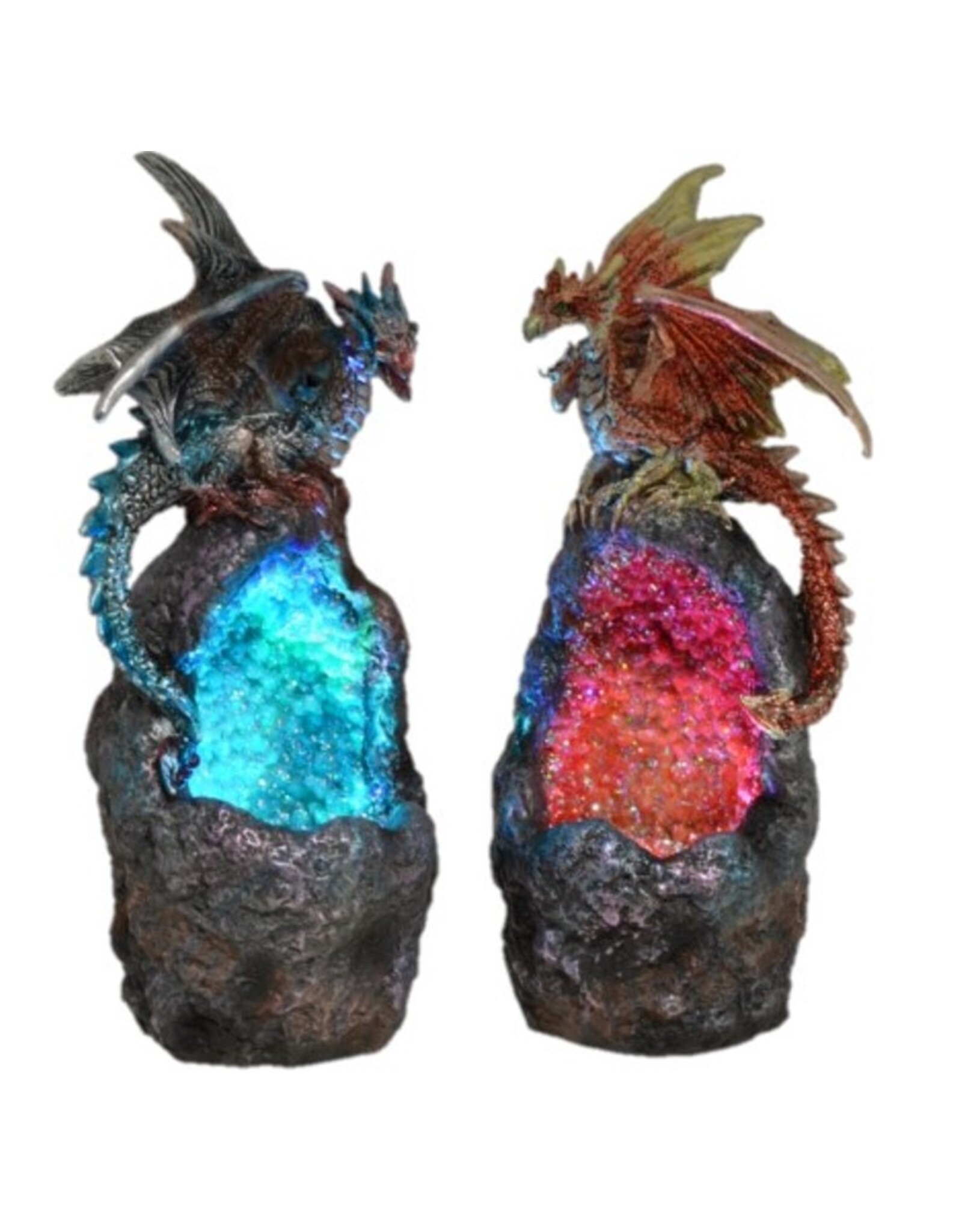 VG Giftware & Lifestyle - Dragon sitting on rock with LED light - set of 2 red/blue