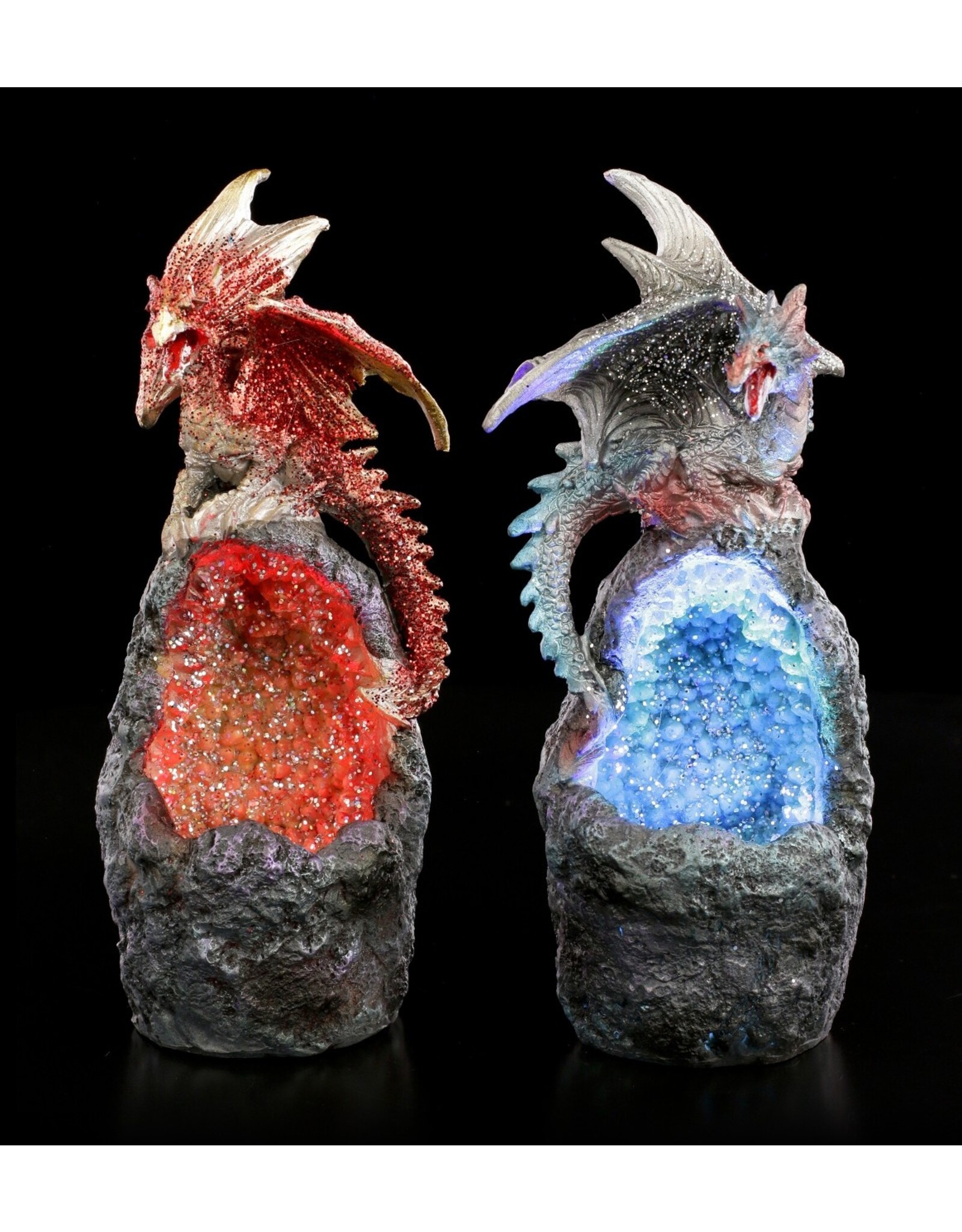 VG Giftware & Lifestyle - Dragon sitting on rock with LED light - set of 2 red/blue